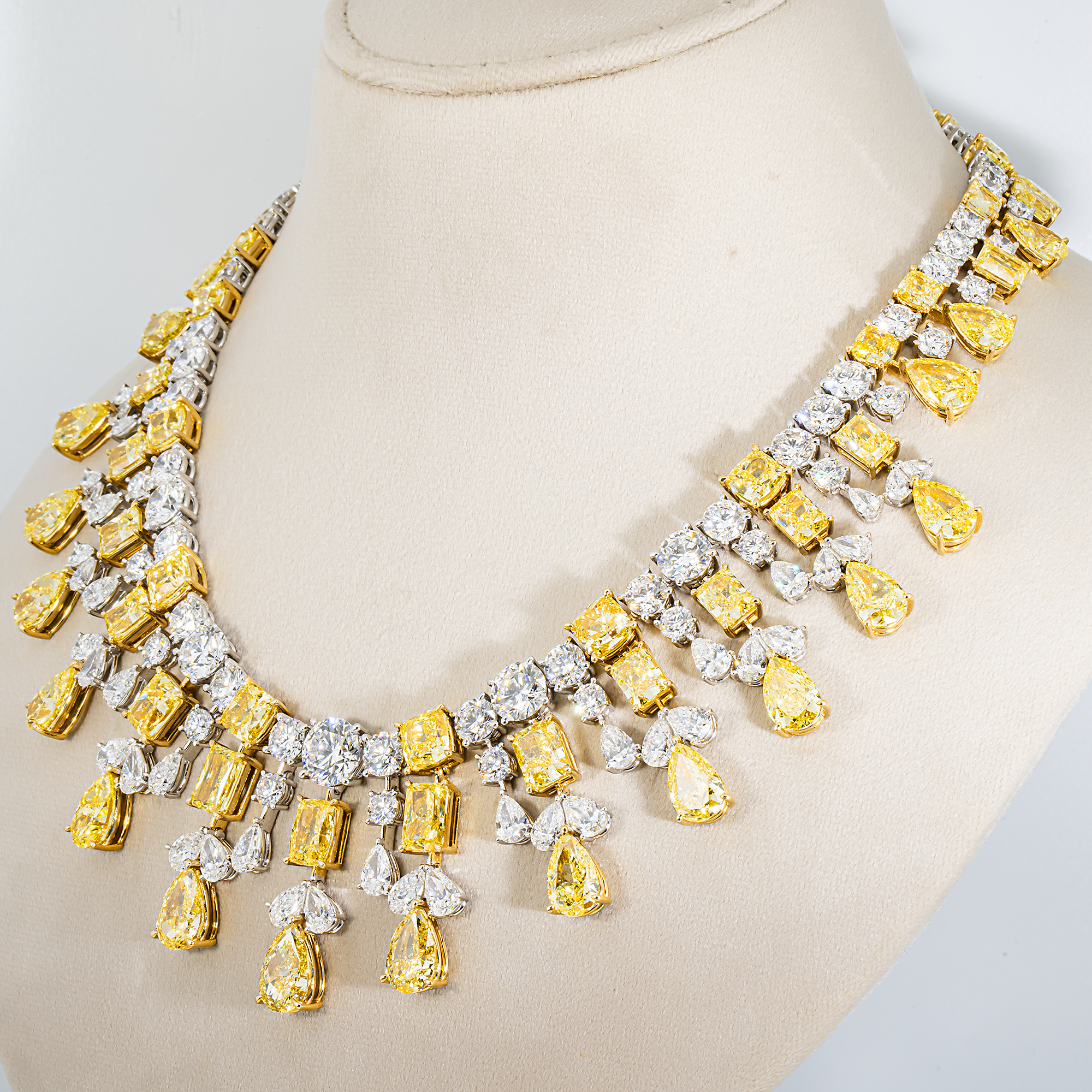 14K White Gold Multi Shape Fancy Yellow & White Diamond Necklace 223.41ctw