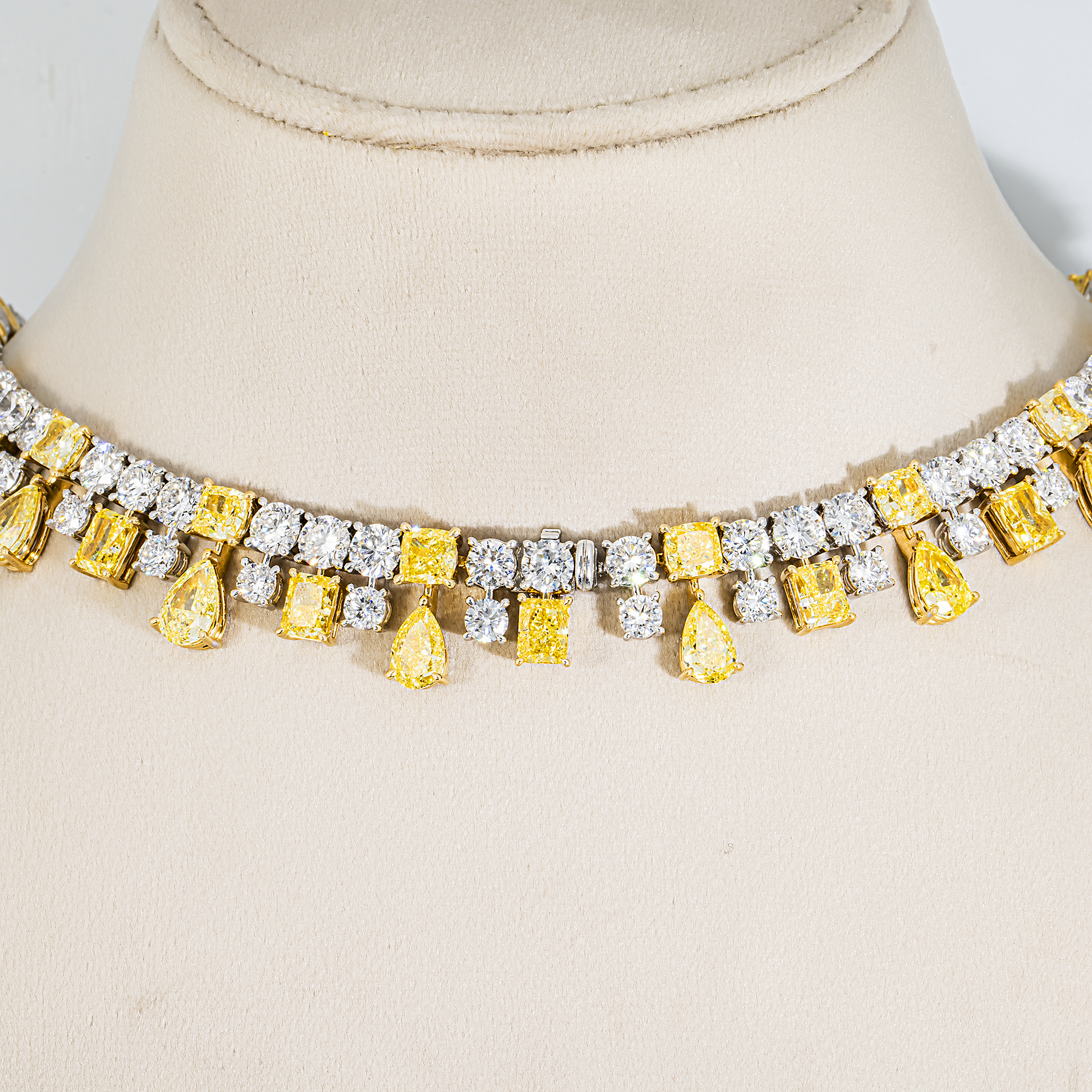 14K White Gold Multi Shape Fancy Yellow & White Diamond Necklace 223.41ctw