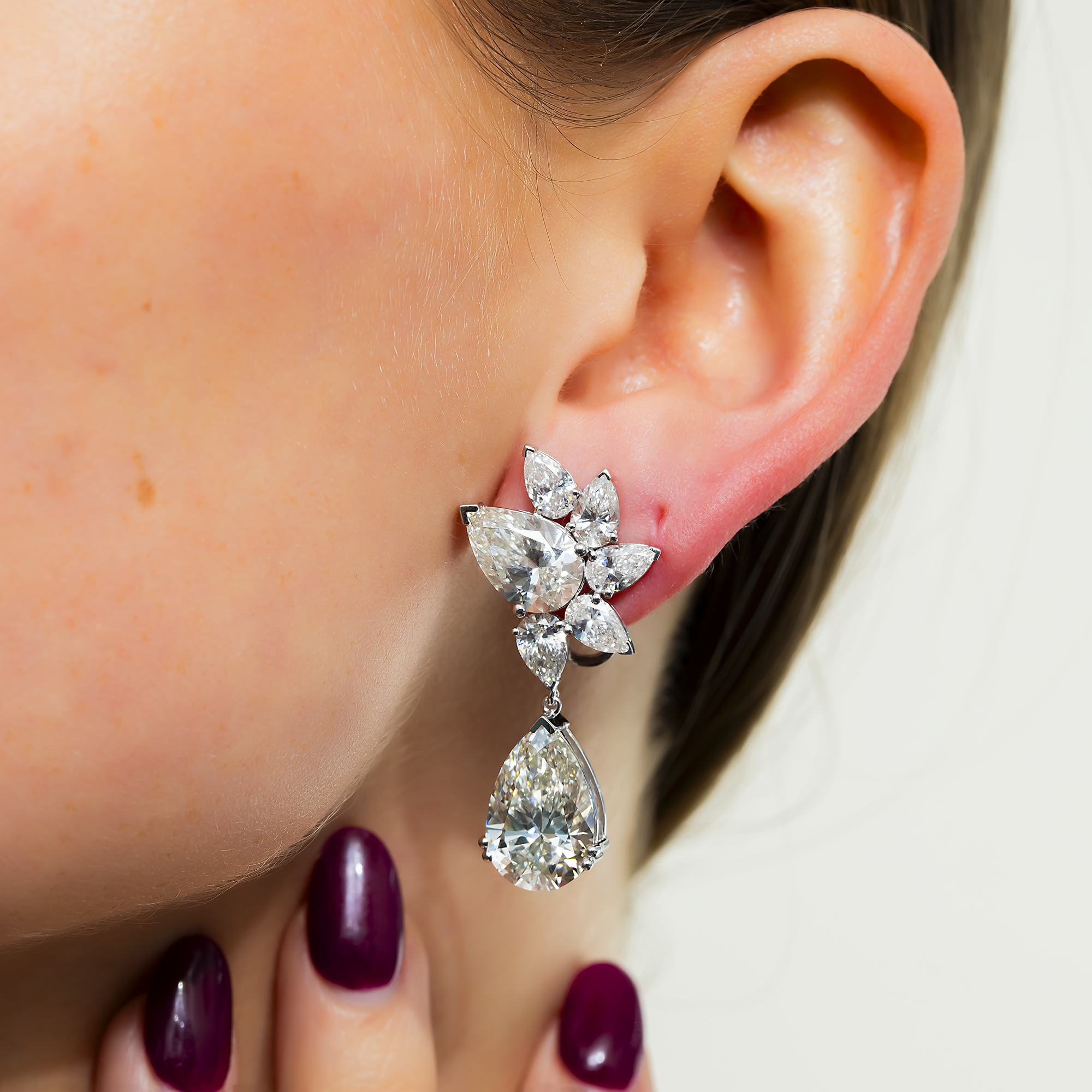 14K White Gold Pear Diamond Cluster Drop Earrings 19.02ctw