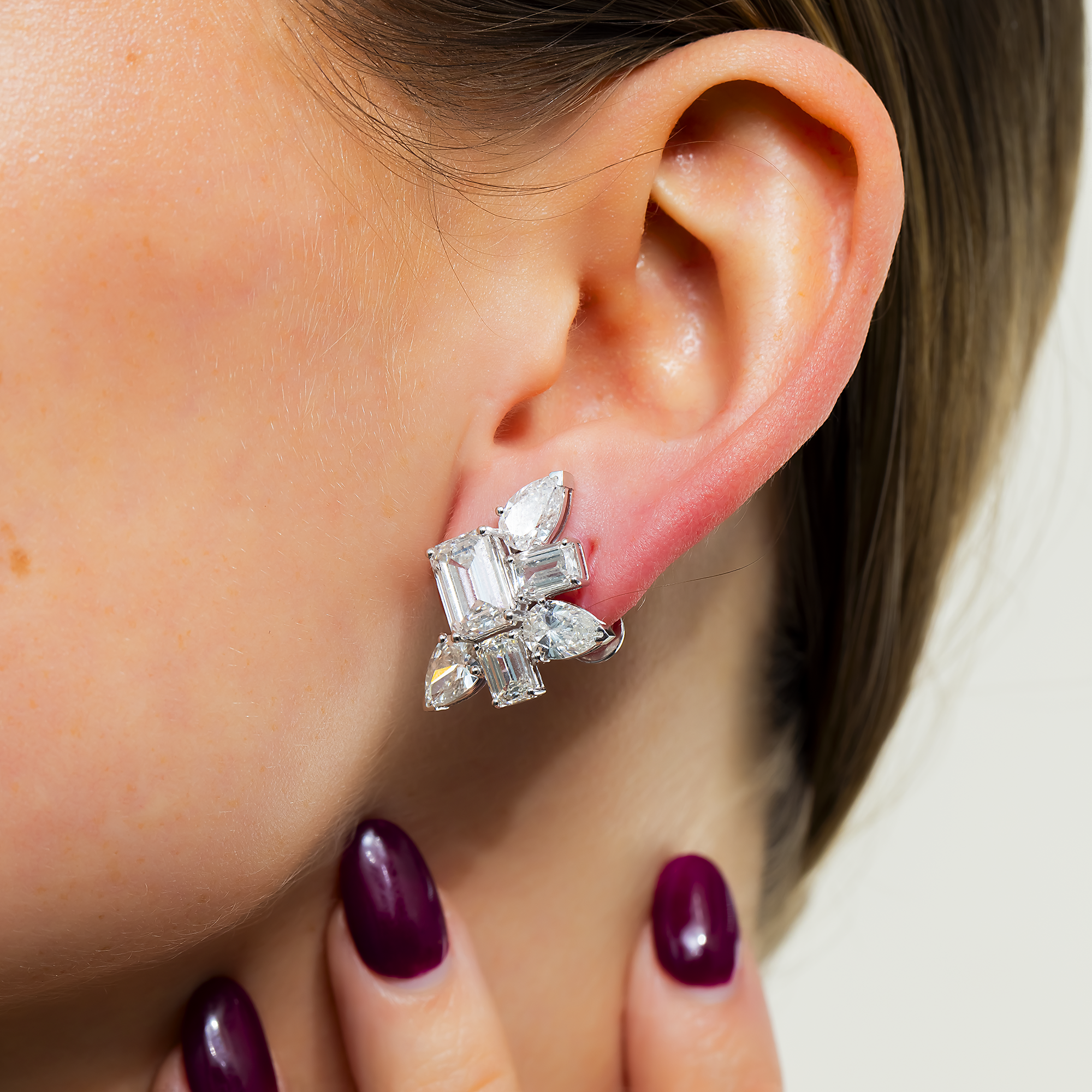 14K White Gold Emerald & Pear Diamond Cluster Stud Earrings 10.74ctw