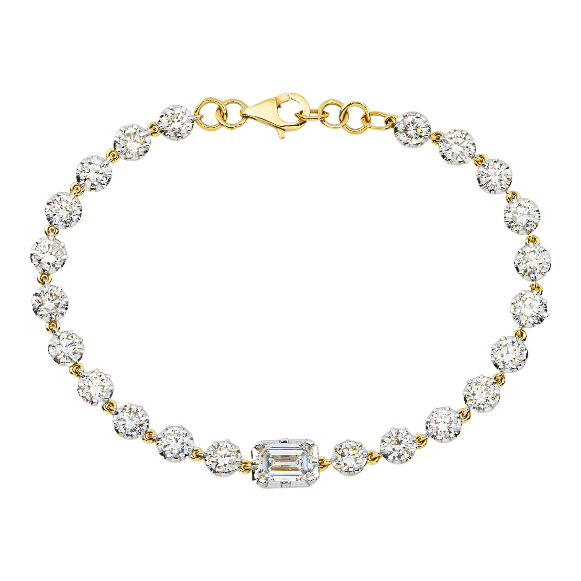 14K Two Tone Emerald & Round Cut Diamond Satellite Bracelet 6.06ct