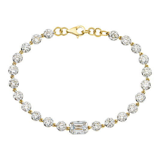14K Two Tone Emerald & Round Cut Diamond Satellite Bracelet 6.06ct