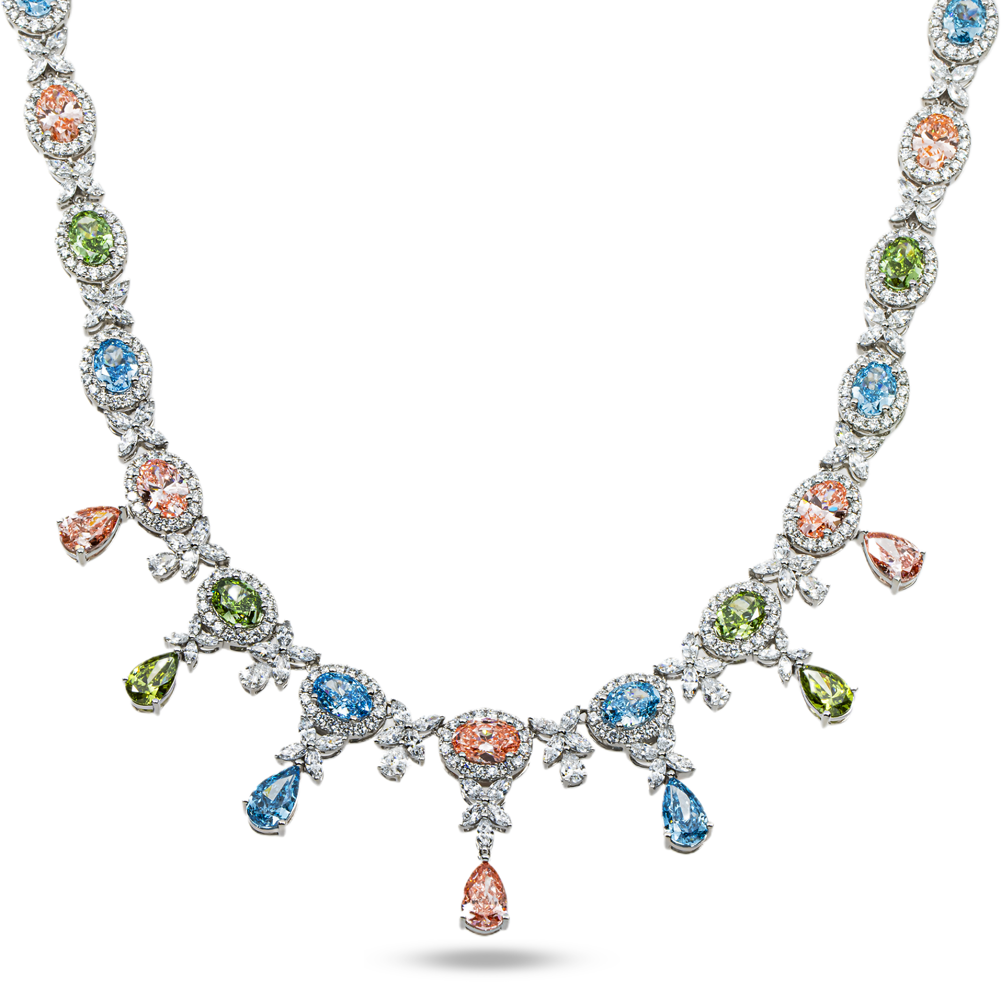 18K White Gold Multi Cut Fancy Color Diamond Drop Necklace 45.23ct
