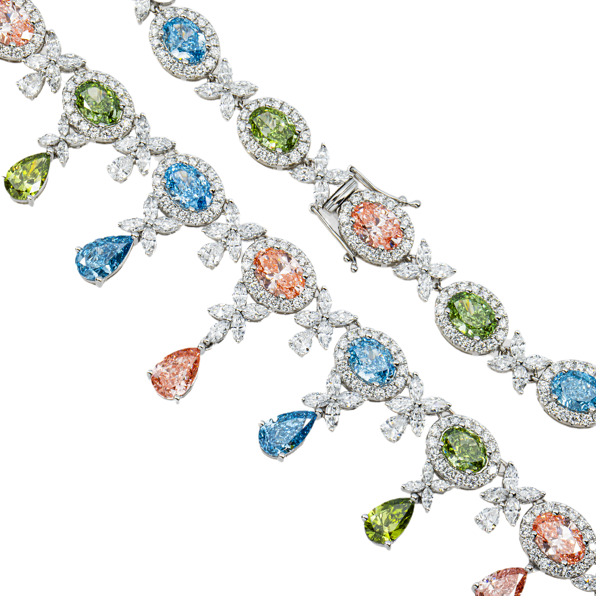 18K White Gold Multi Cut Fancy Color Diamond Drop Necklace 45.23ct
