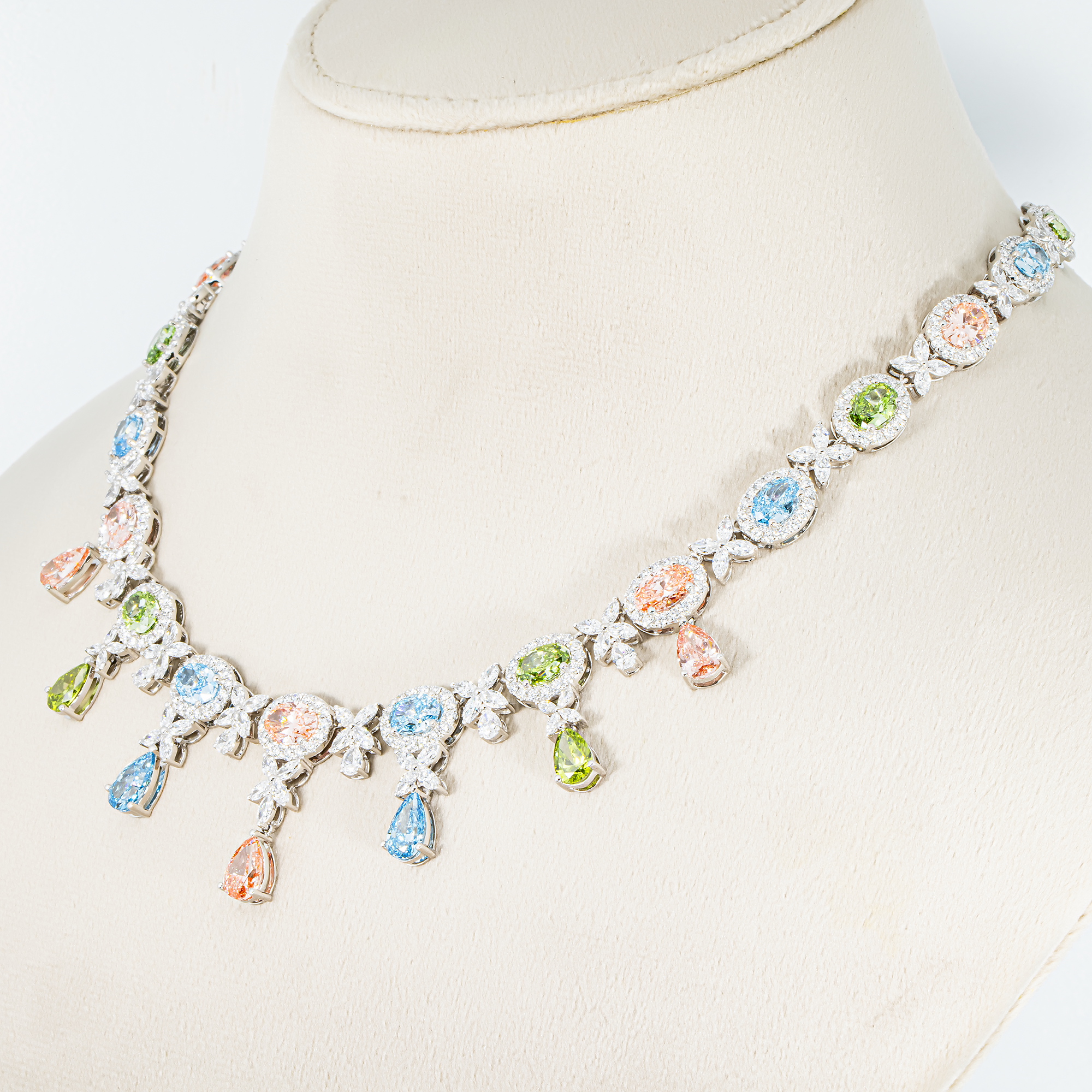 18K White Gold Multi Cut Fancy Color Diamond Drop Necklace 45.23ct