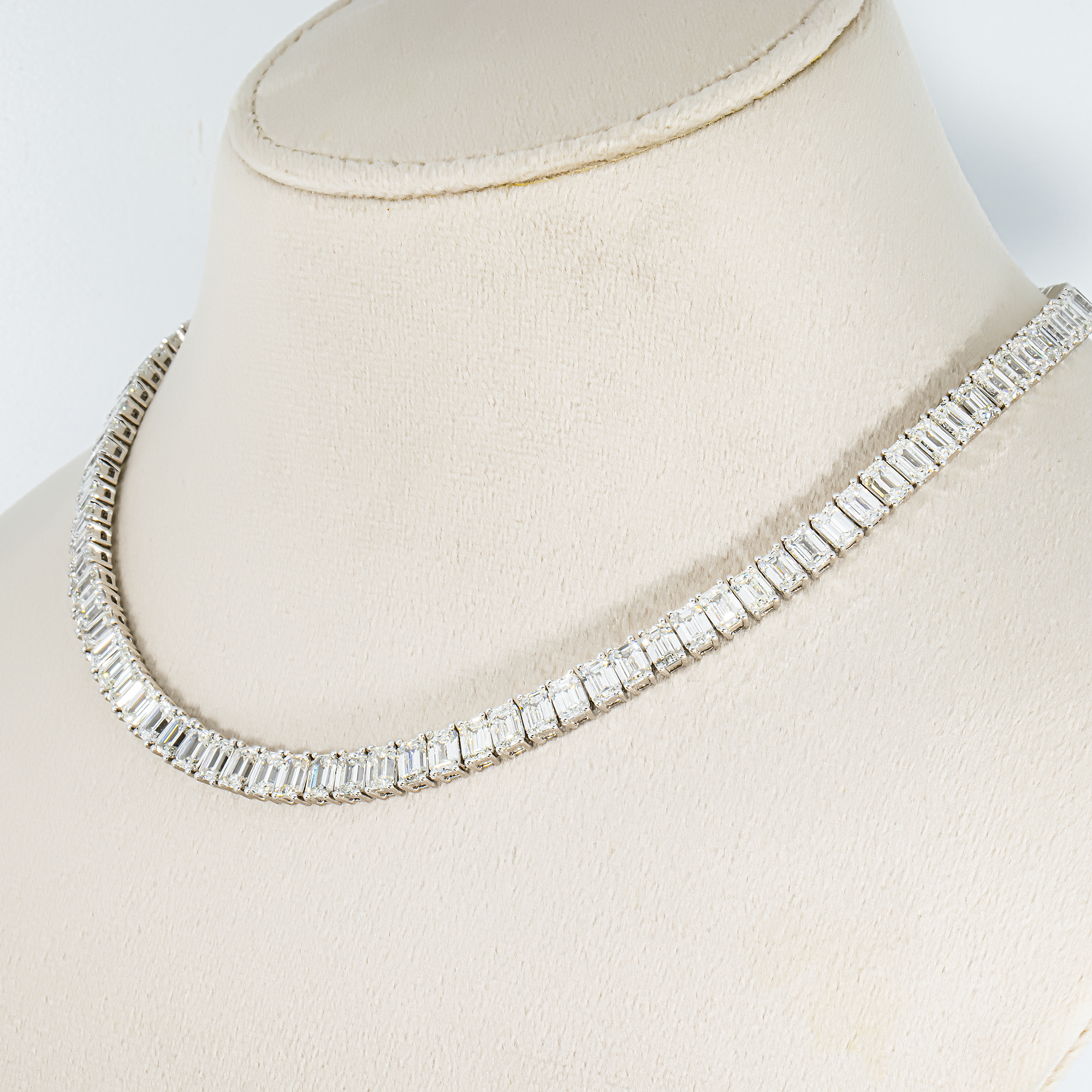 14K White Gold Emerald Cut Diamond Tennis Necklace 48.35ct