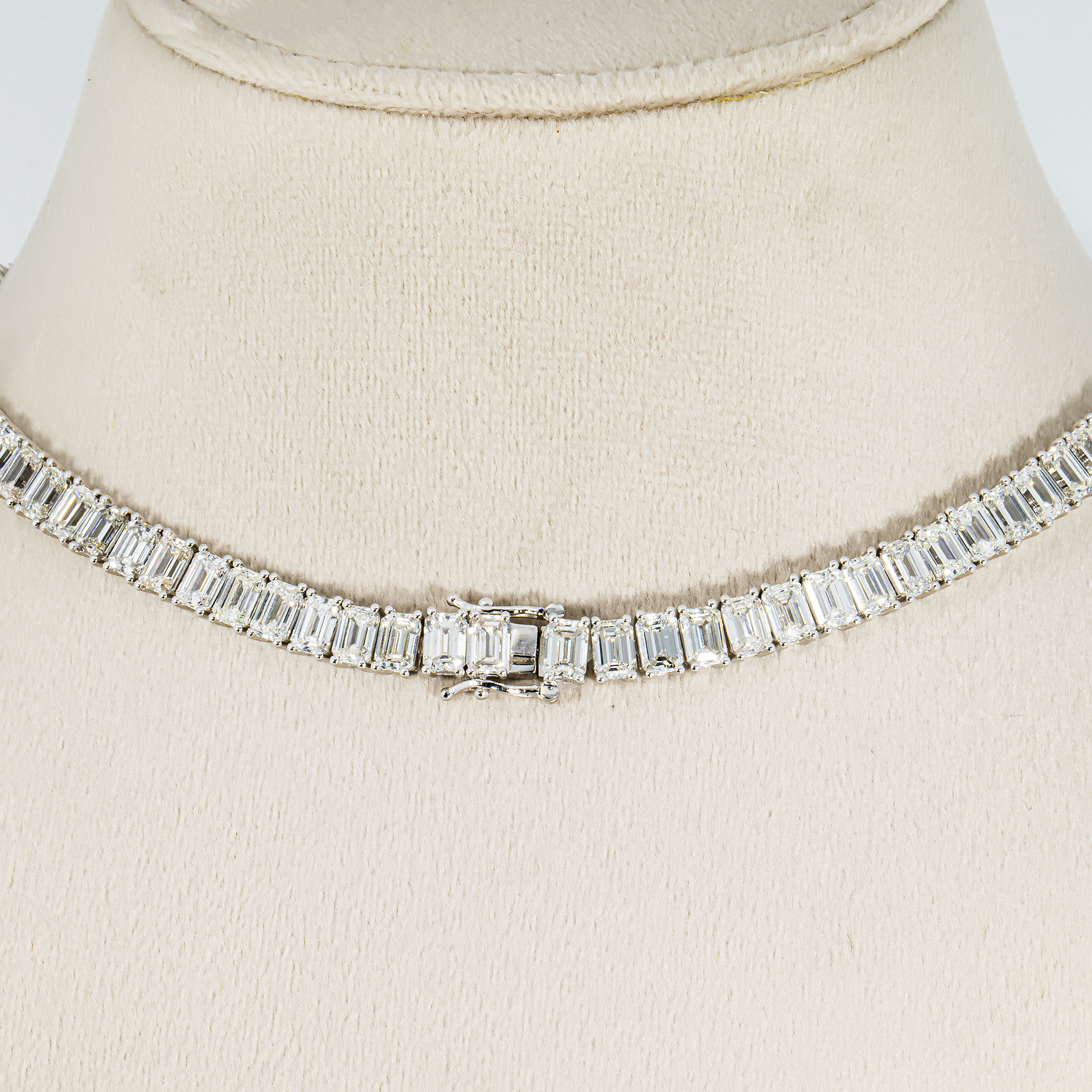 14K White Gold Emerald Cut Diamond Tennis Necklace 48.35ct
