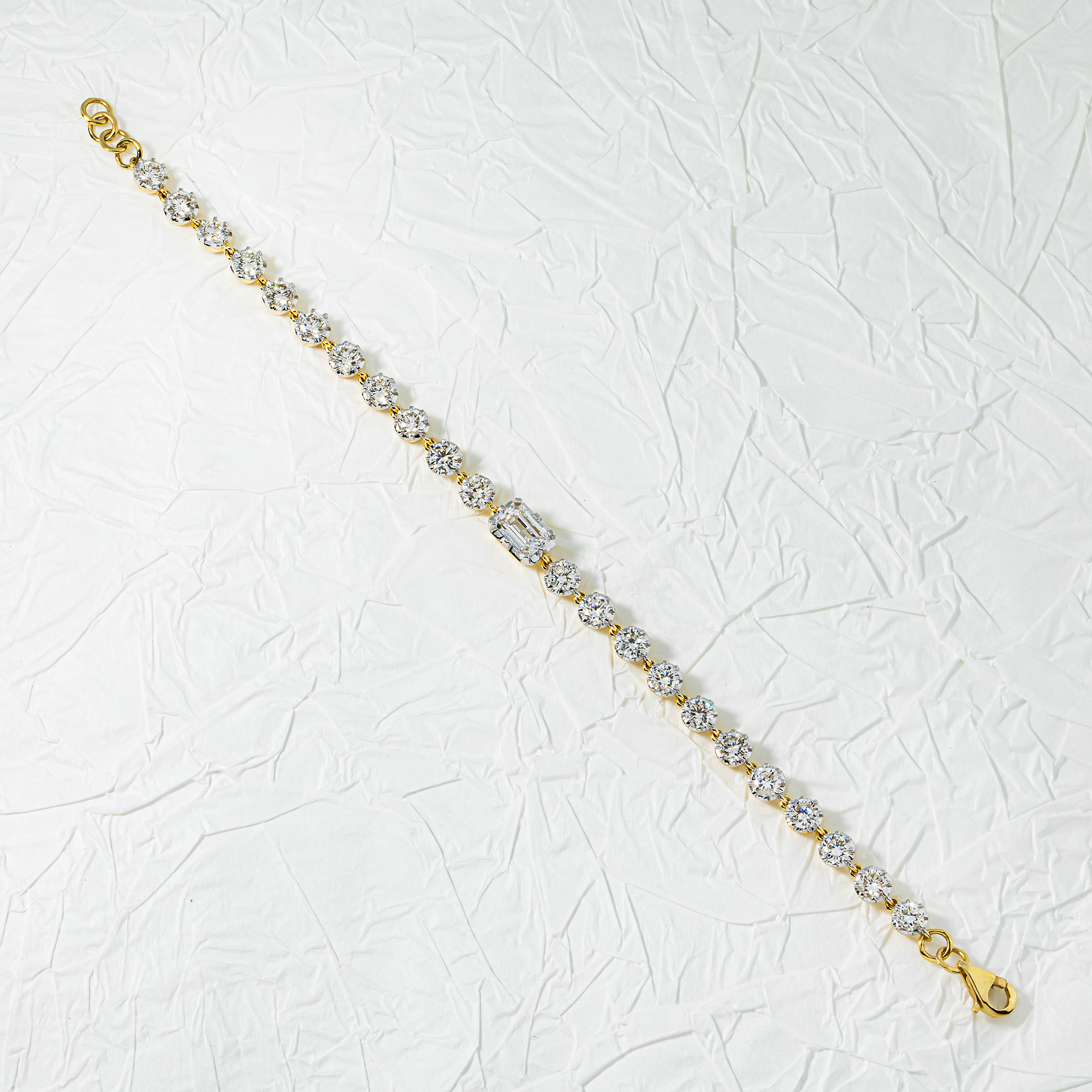 14K Two Tone Emerald & Round Cut Diamond Satellite Bracelet 6.06ct