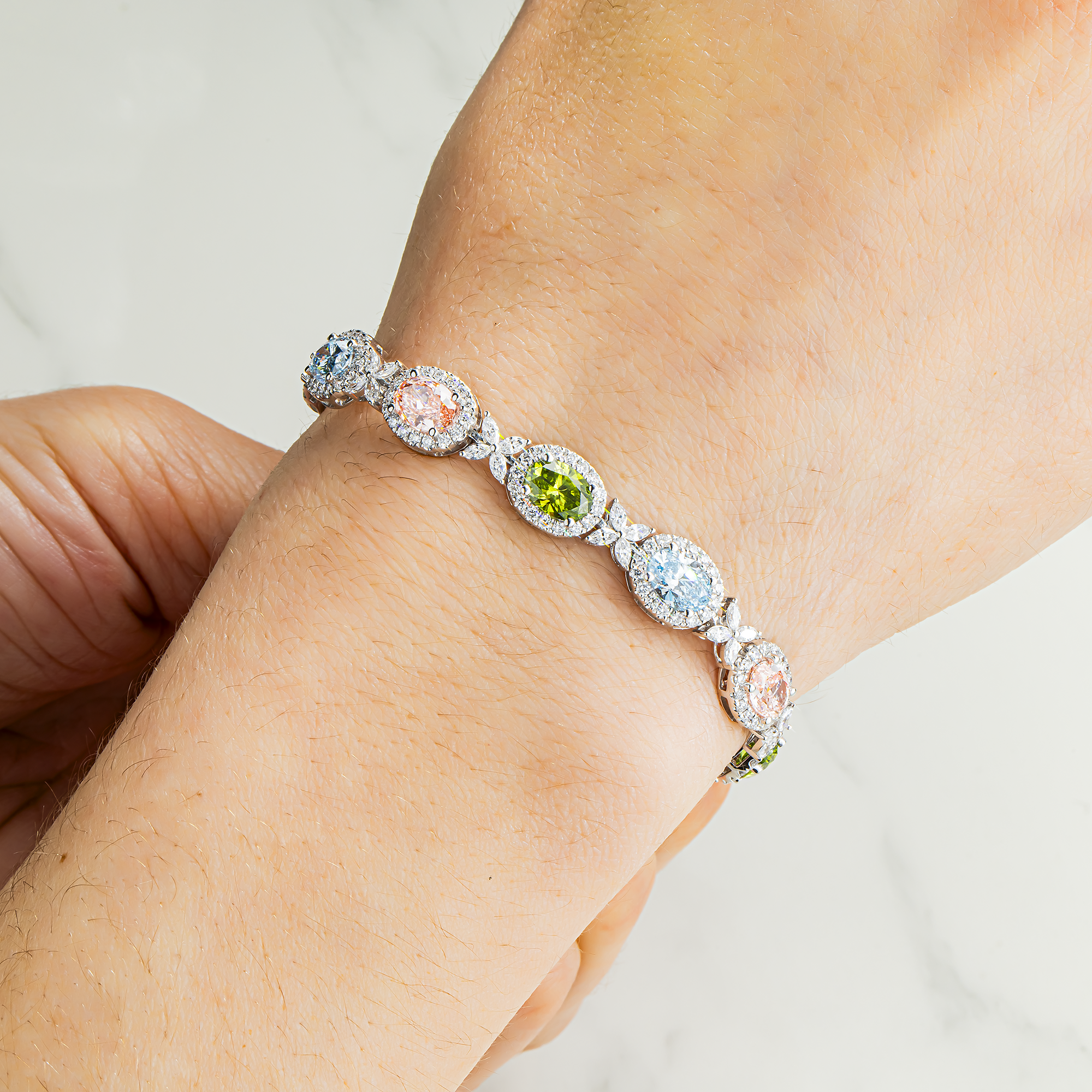 18K White Gold Multi Cut Fancy Color Diamond Bracelet 12.23ct