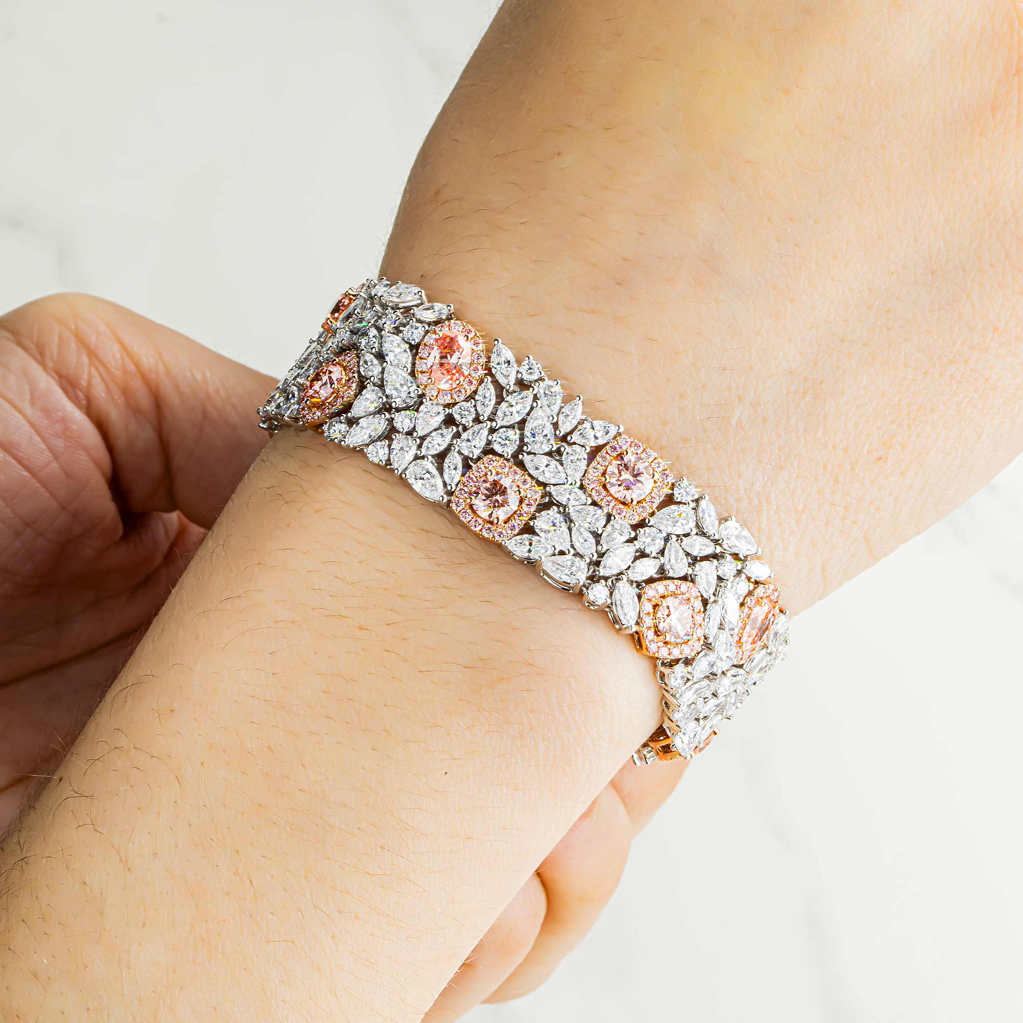 Garden of Roses - 14K Two Tone Fancy Pink & White Diamond Bracelet 29.94ct