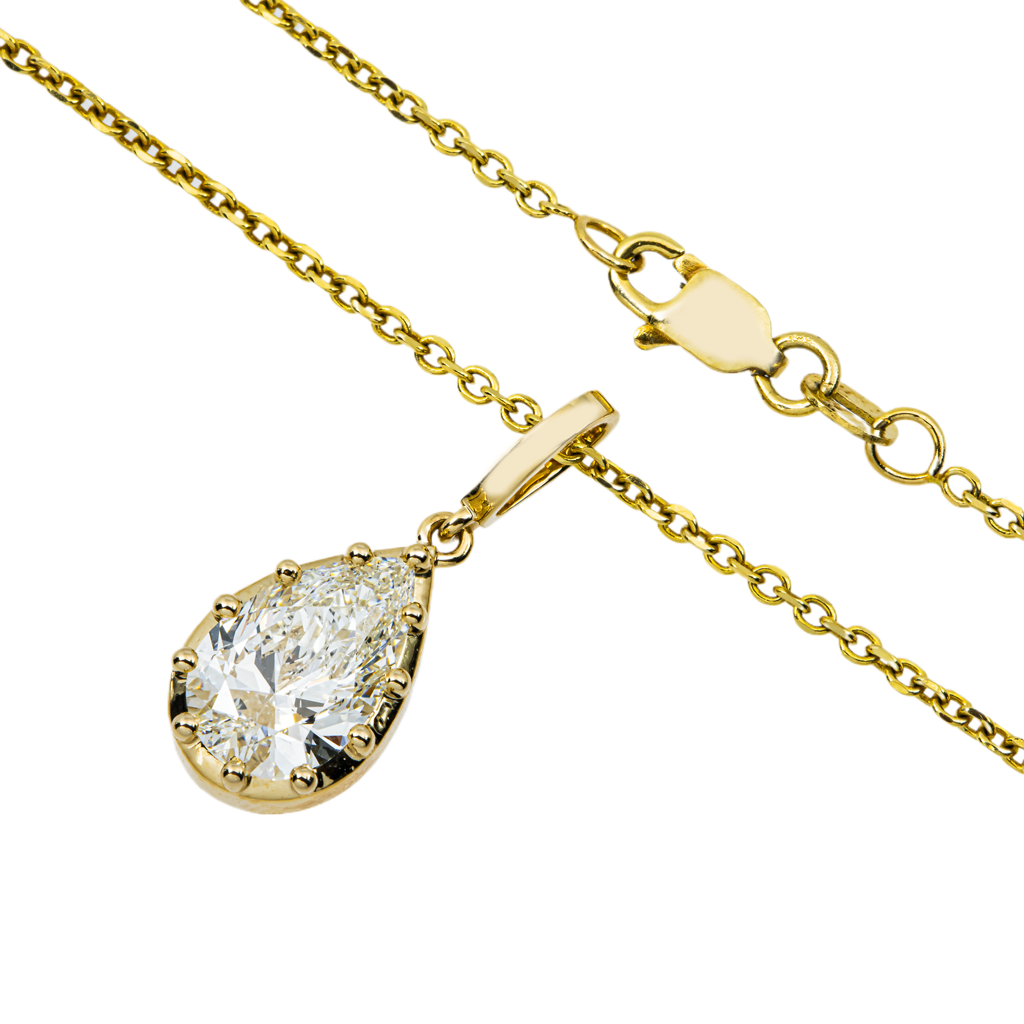 14K Yellow Gold Pear Cut Diamond Pendant & Chain Necklace 2.02ct