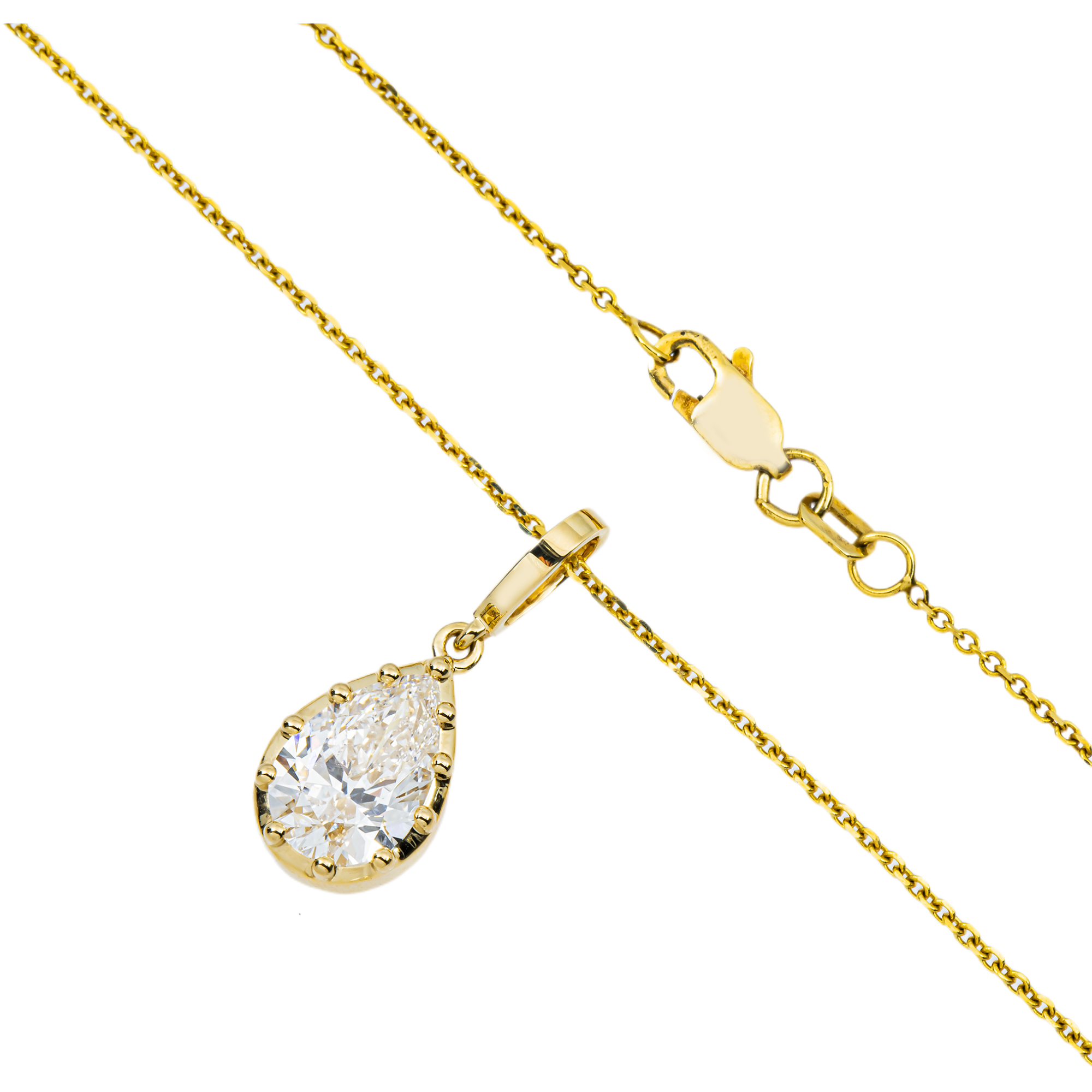 14K Yellow Gold Pear Cut Diamond Pendant & Chain Necklace 1.59ct