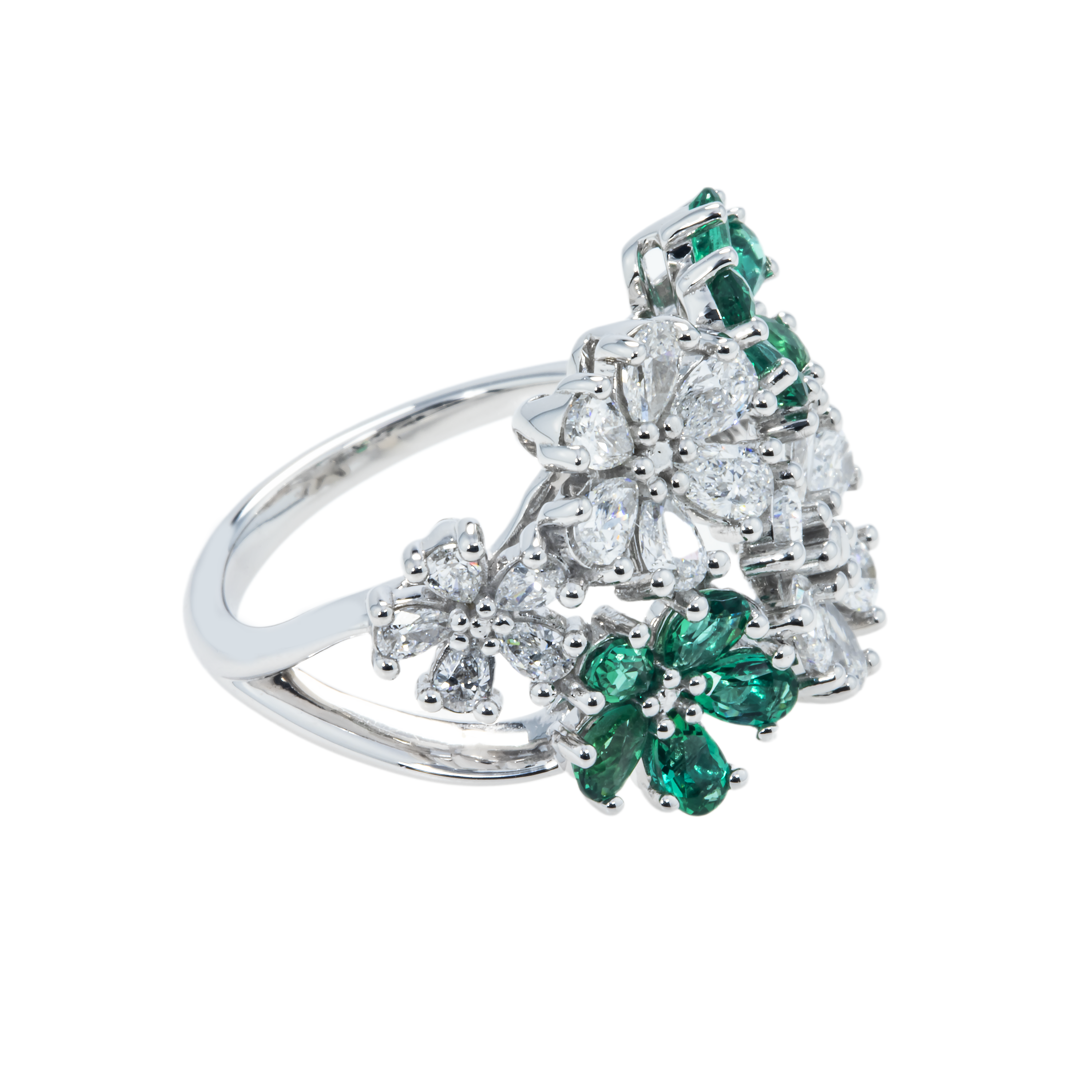 14K White Gold Pear Cut Emerald & Diamond Spring Flower Ring 3.07Ctw Rings
