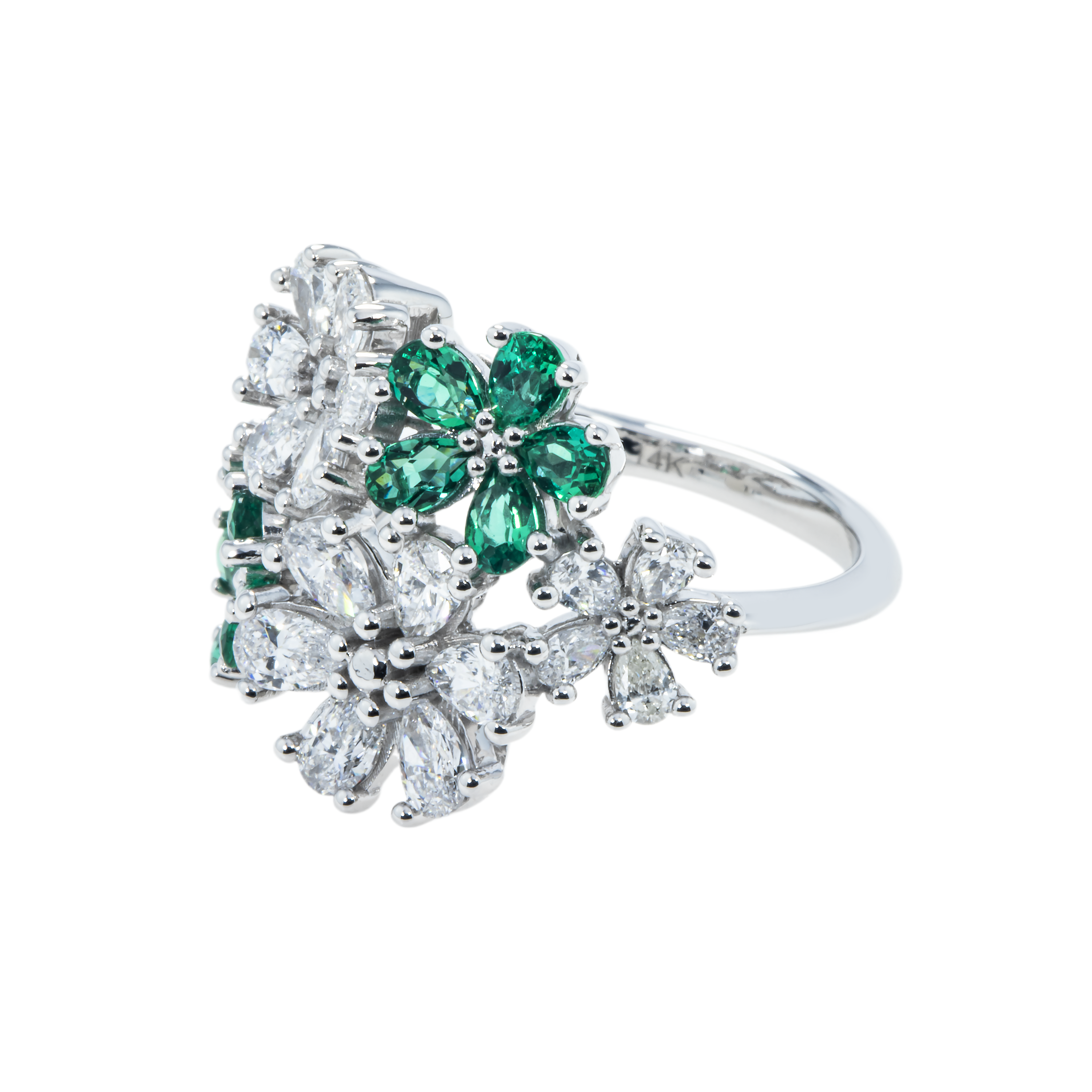 14K White Gold Pear Cut Emerald & Diamond Spring Flower Ring 3.07Ctw Rings