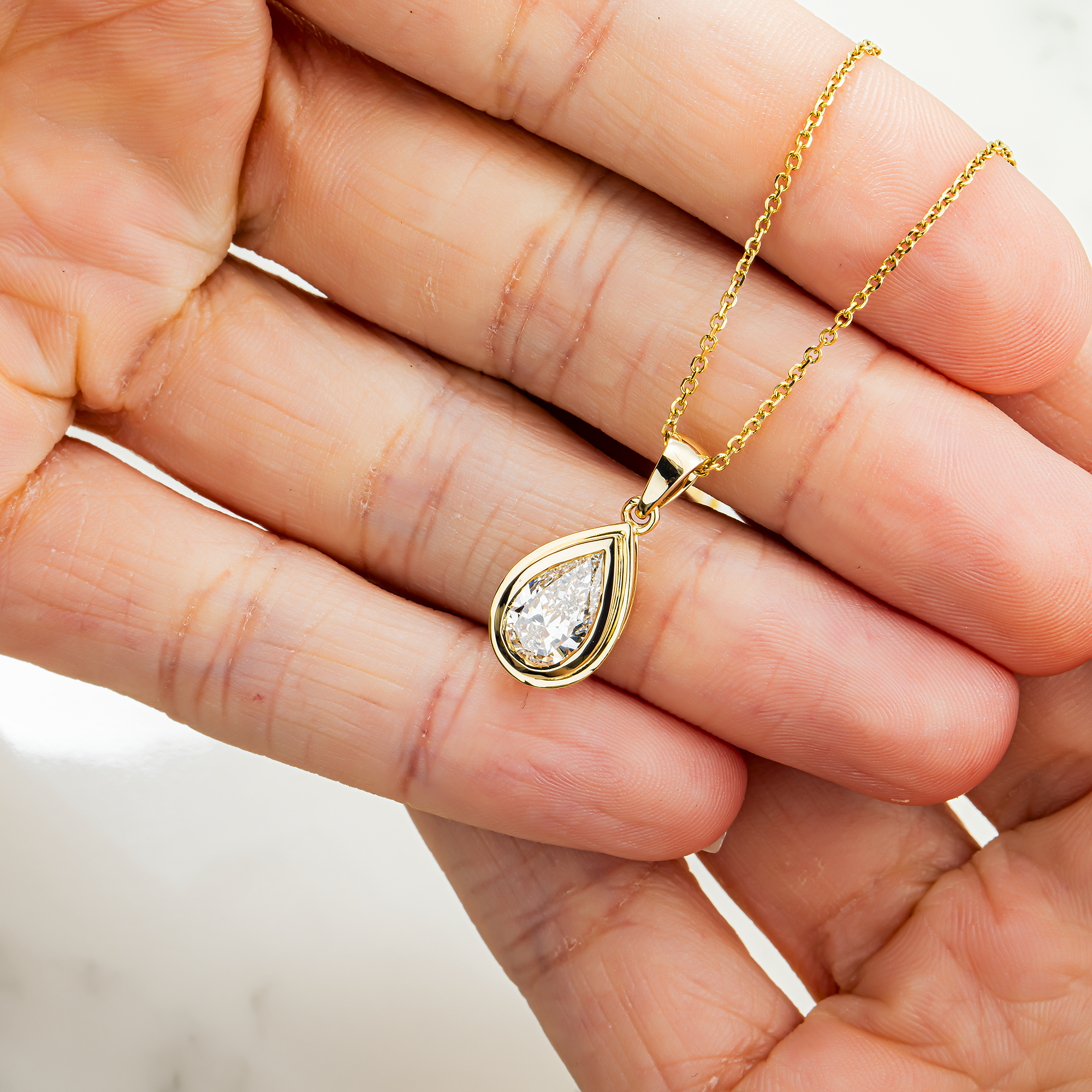 14K Yellow Gold Bezel Set Solitaire Pear Cut Diamond Necklace 1.23ct