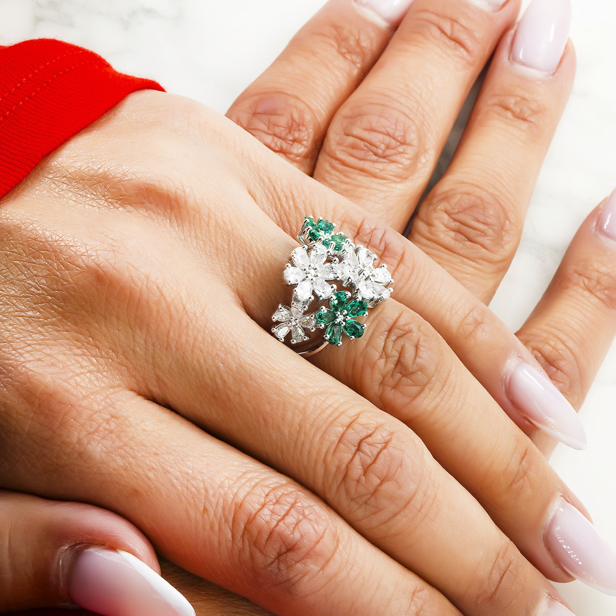 14K White Gold Pear Cut Emerald & Diamond Spring Flower Ring 3.07Ctw Rings