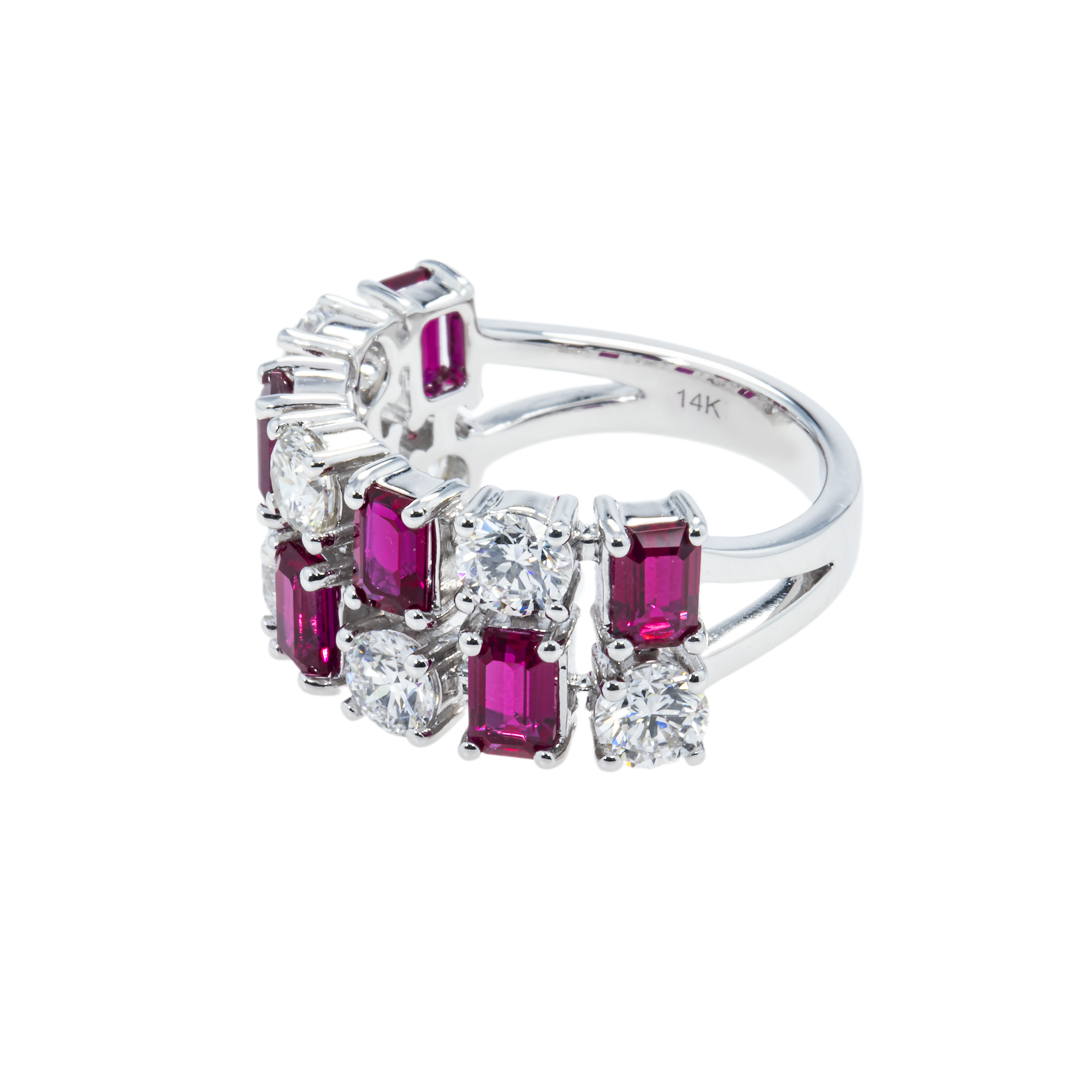 14K White Gold Emerald Cut Ruby & Round Diamond Ring 34.20Ctw Rings