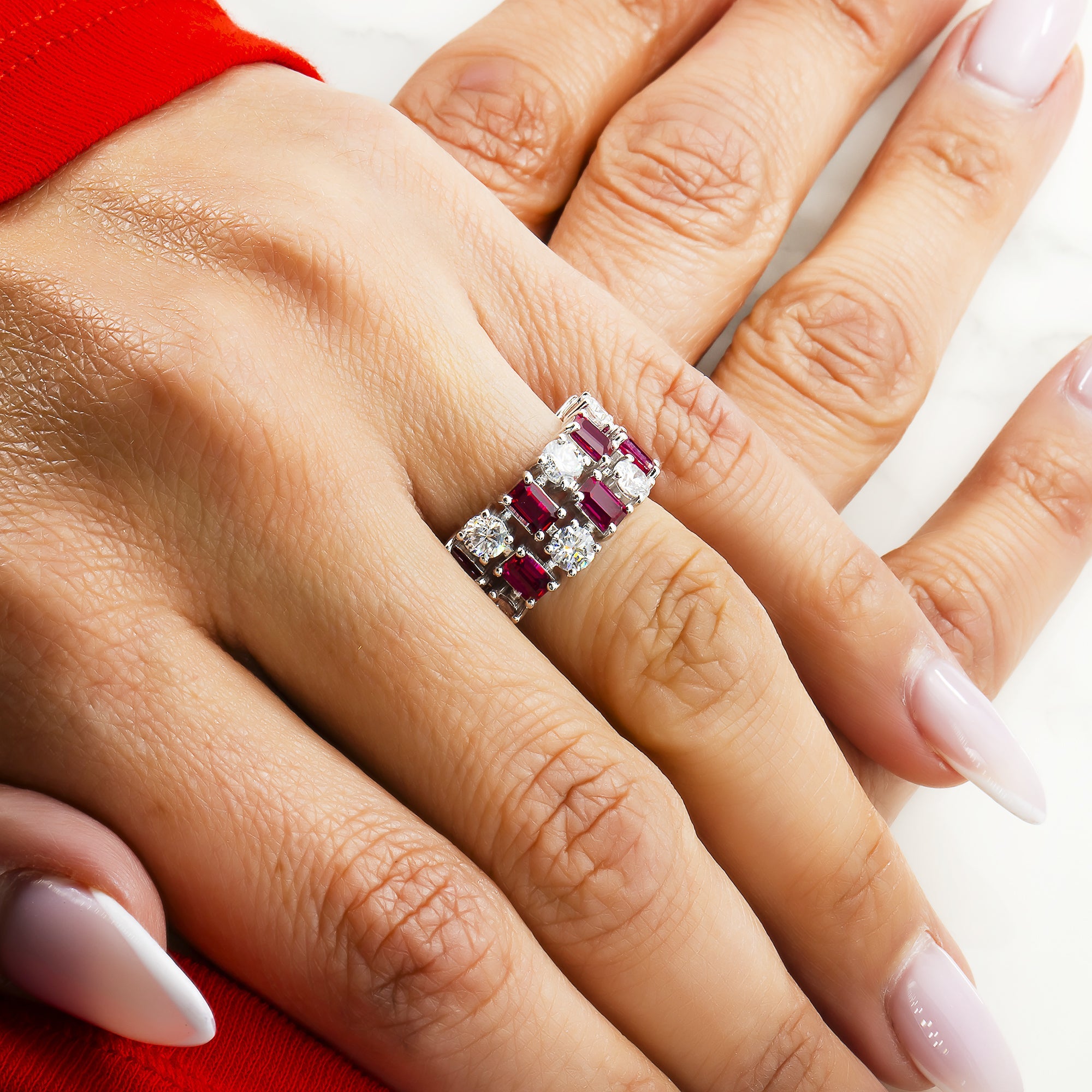 14K White Gold Emerald Cut Ruby & Round Diamond Ring 34.20Ctw Rings