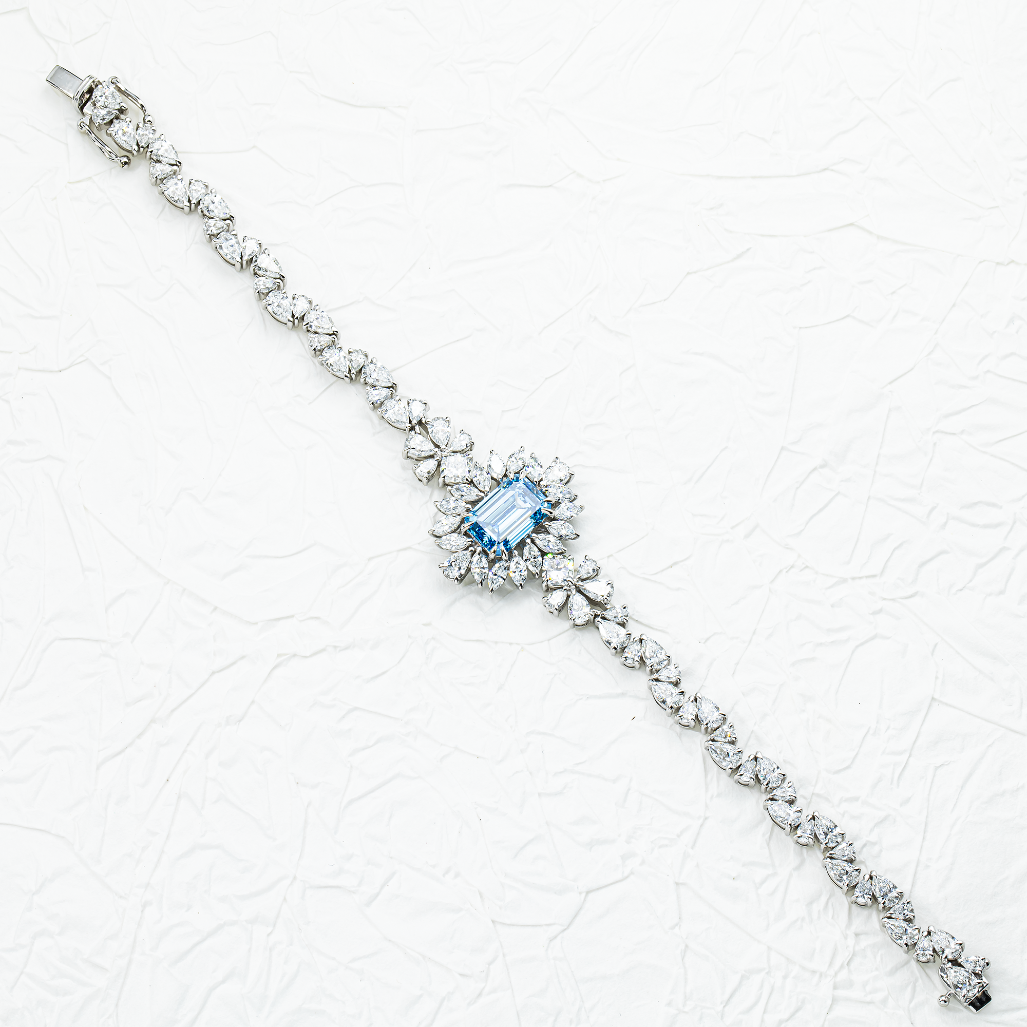 14K White Gold Emerald Cut Fancy Blue Diamond Goddess Bracelet