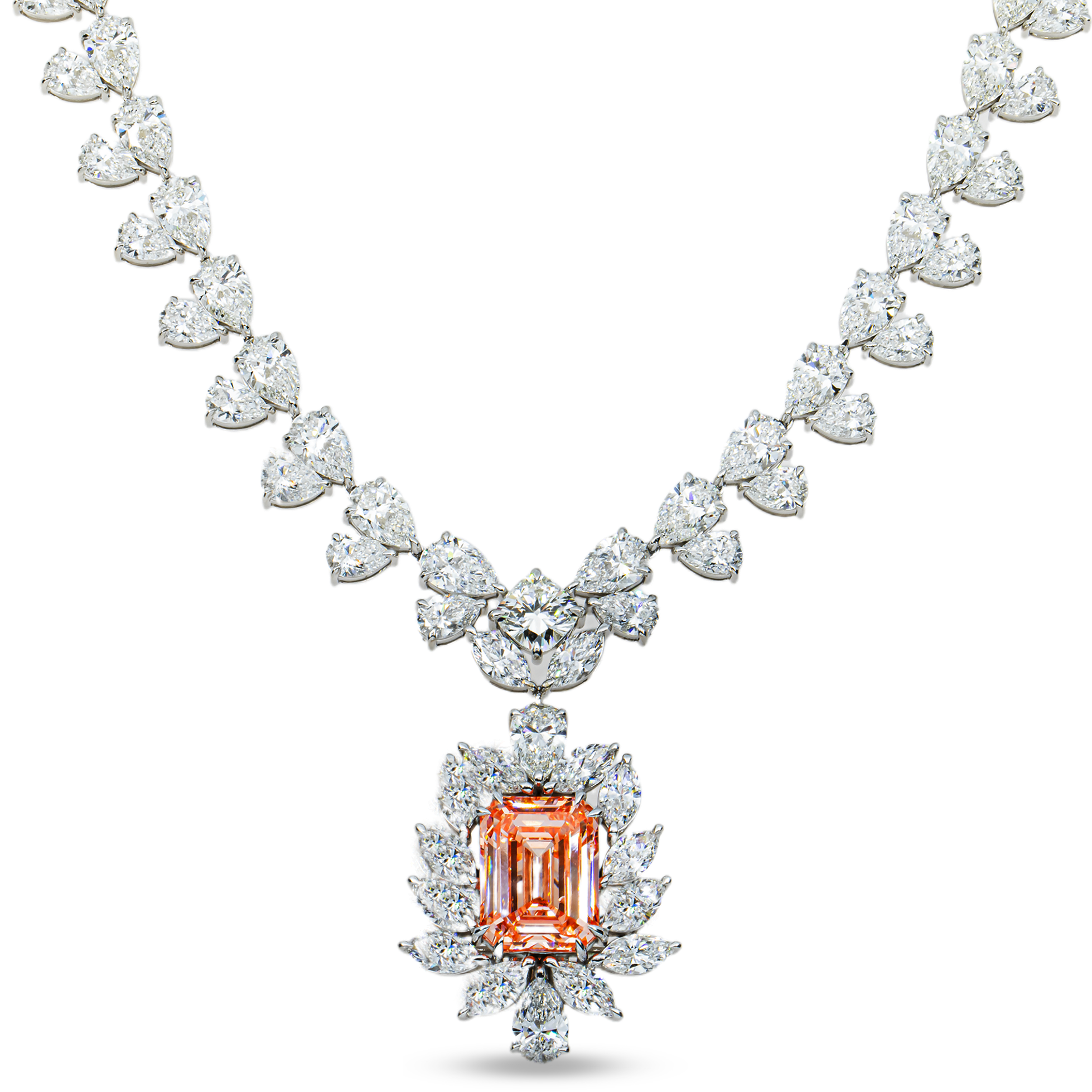 IGI 14K White Gold Fancy Pink Emerald Cut Diamond Goddess Drop Necklace 89.02ct