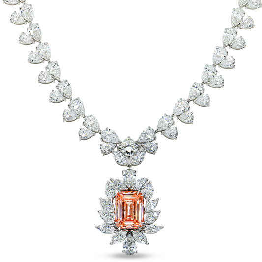 IGI 14K White Gold Fancy Pink Emerald Cut Diamond Goddess Drop Necklace 89.02ct