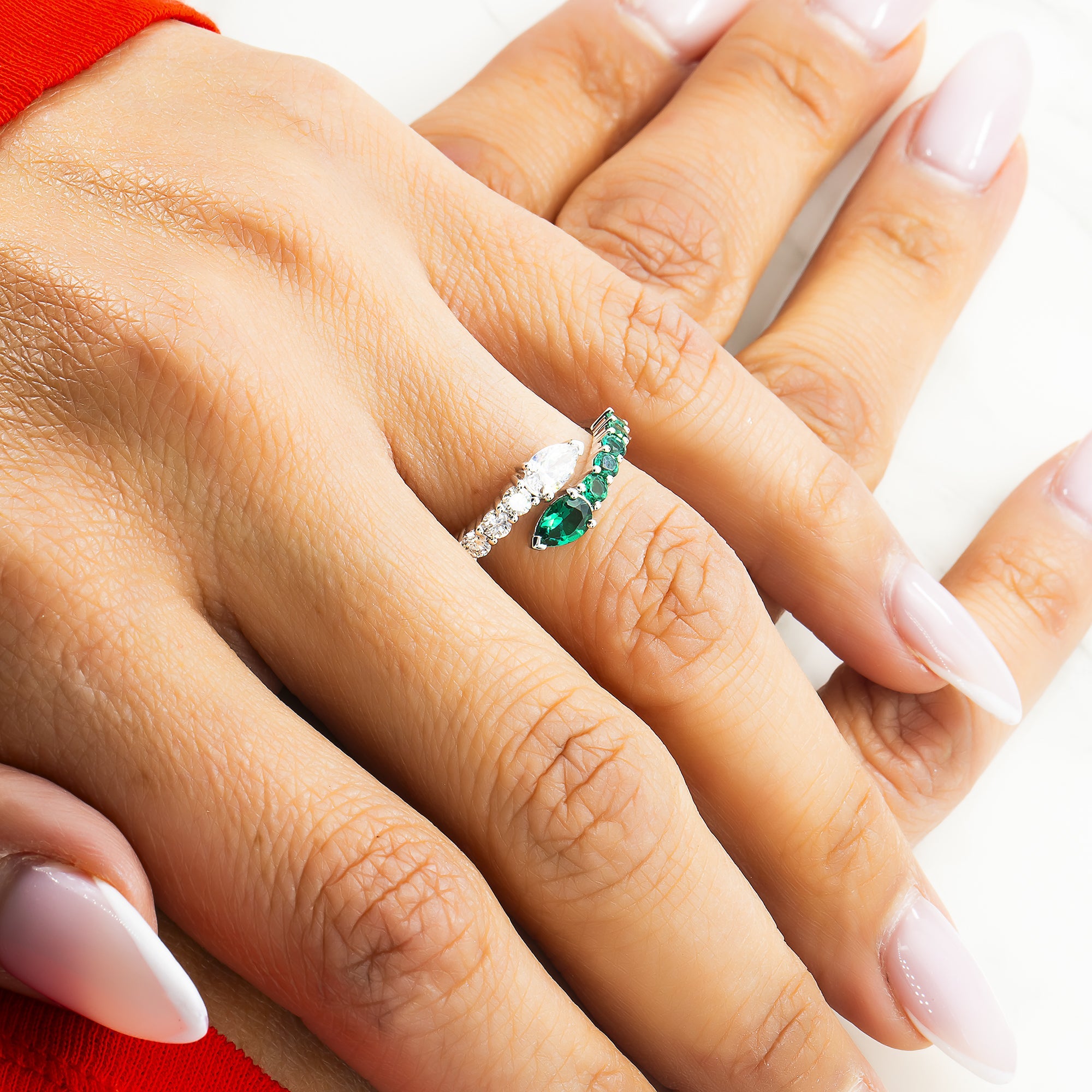 14K White Gold Emerald & Diamond Snake Wrap Ring 1.20Ctw Rings