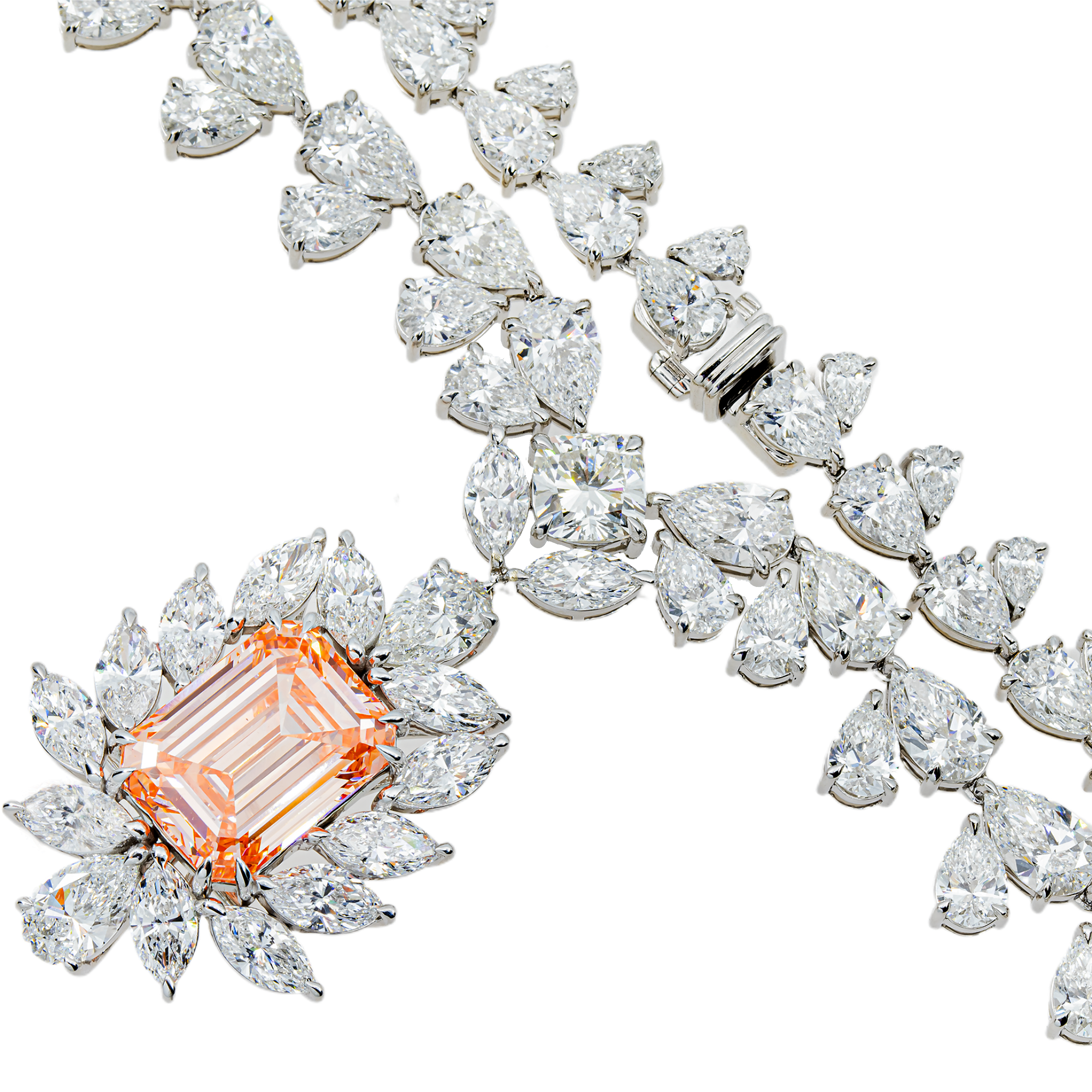 IGI 14K White Gold Fancy Pink Emerald Cut Diamond Goddess Drop Necklace 89.02ct