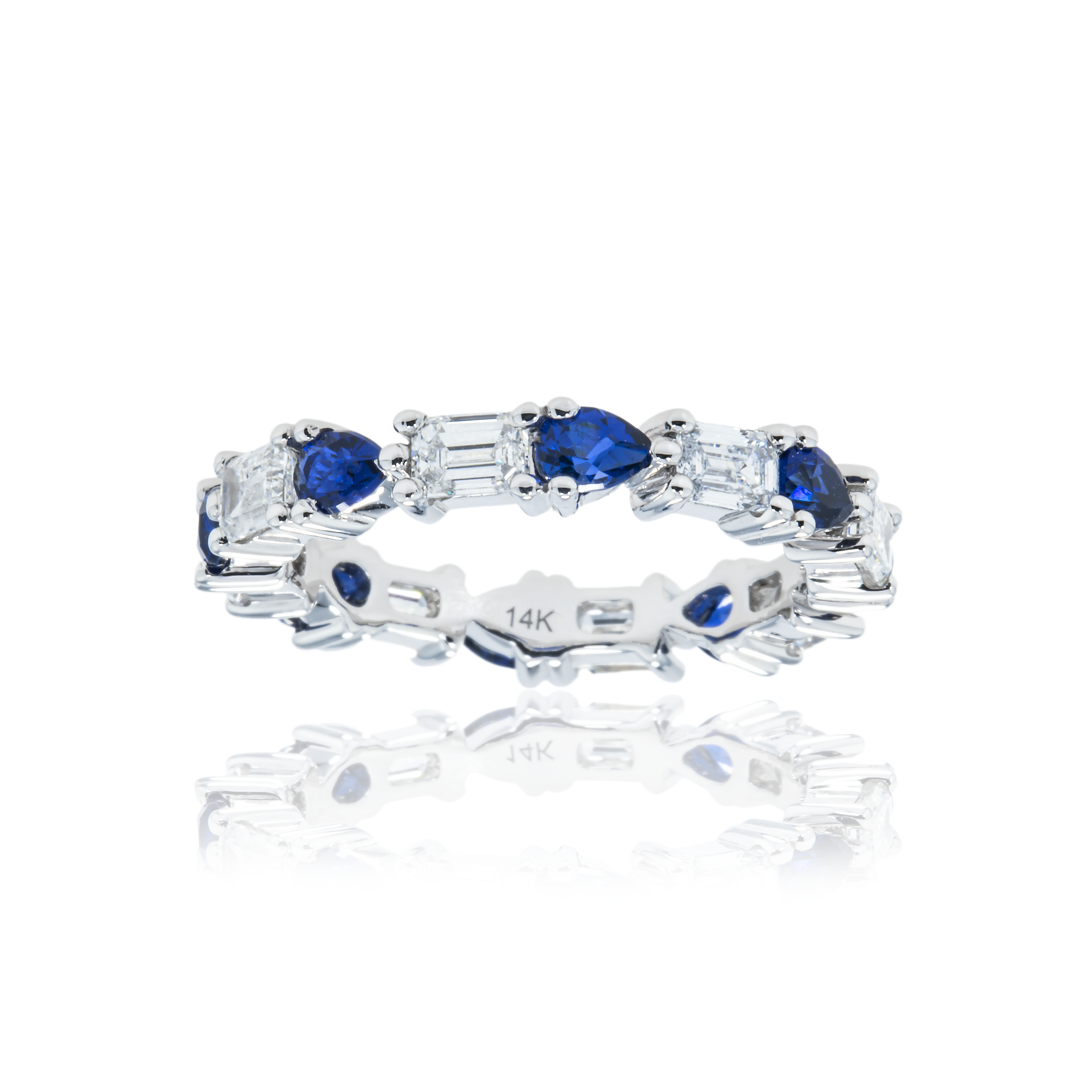 14K White Gold Emerald Cut Diamond & Pear Sapphire Eternity Ring 3.03Ctw Rings