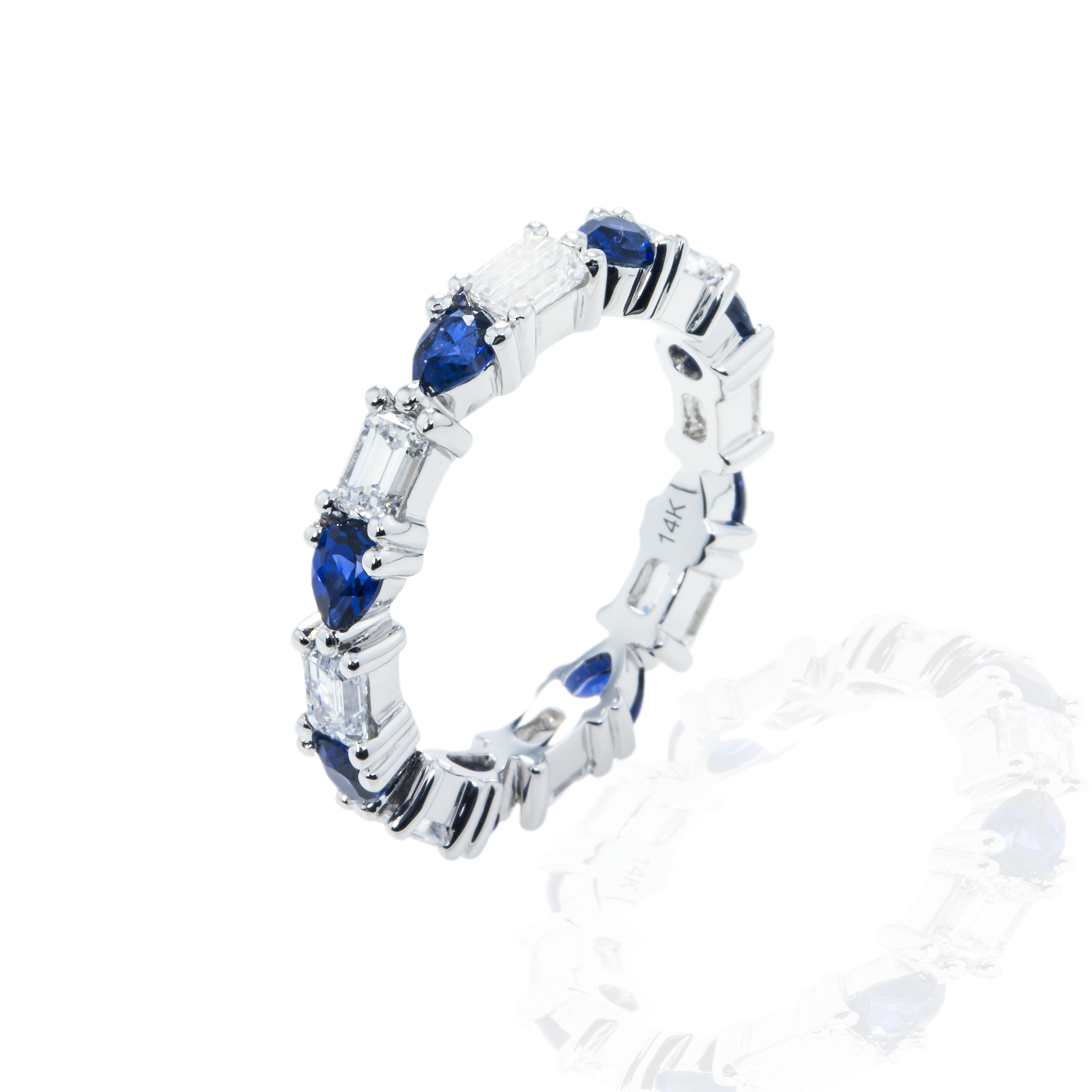 14K White Gold Emerald Cut Diamond & Pear Sapphire Eternity Ring 3.03Ctw Rings