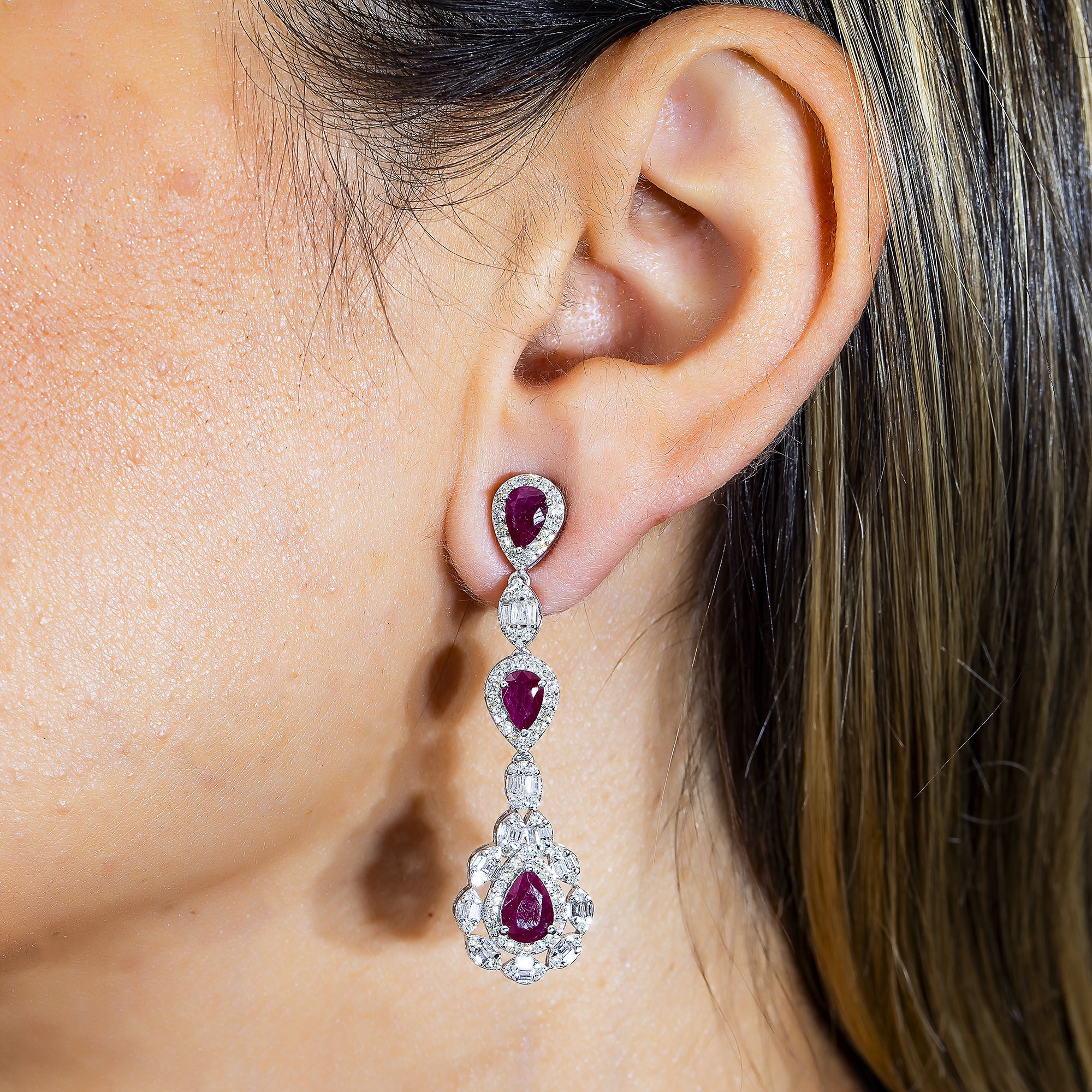 14K White Gold Ruby & Diamond Three Tier Drop Earrings