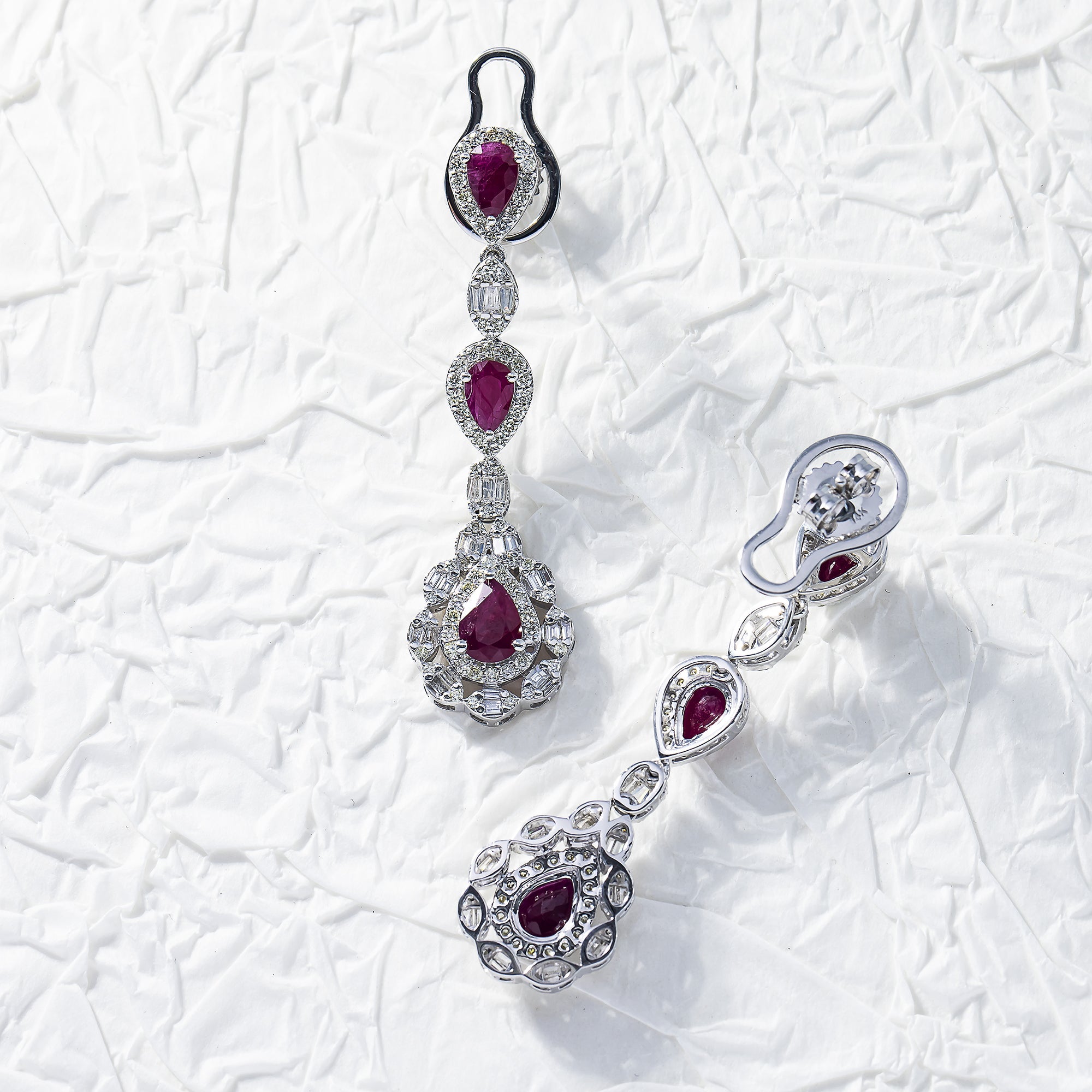 14K White Gold Ruby & Diamond Three Tier Drop Earrings