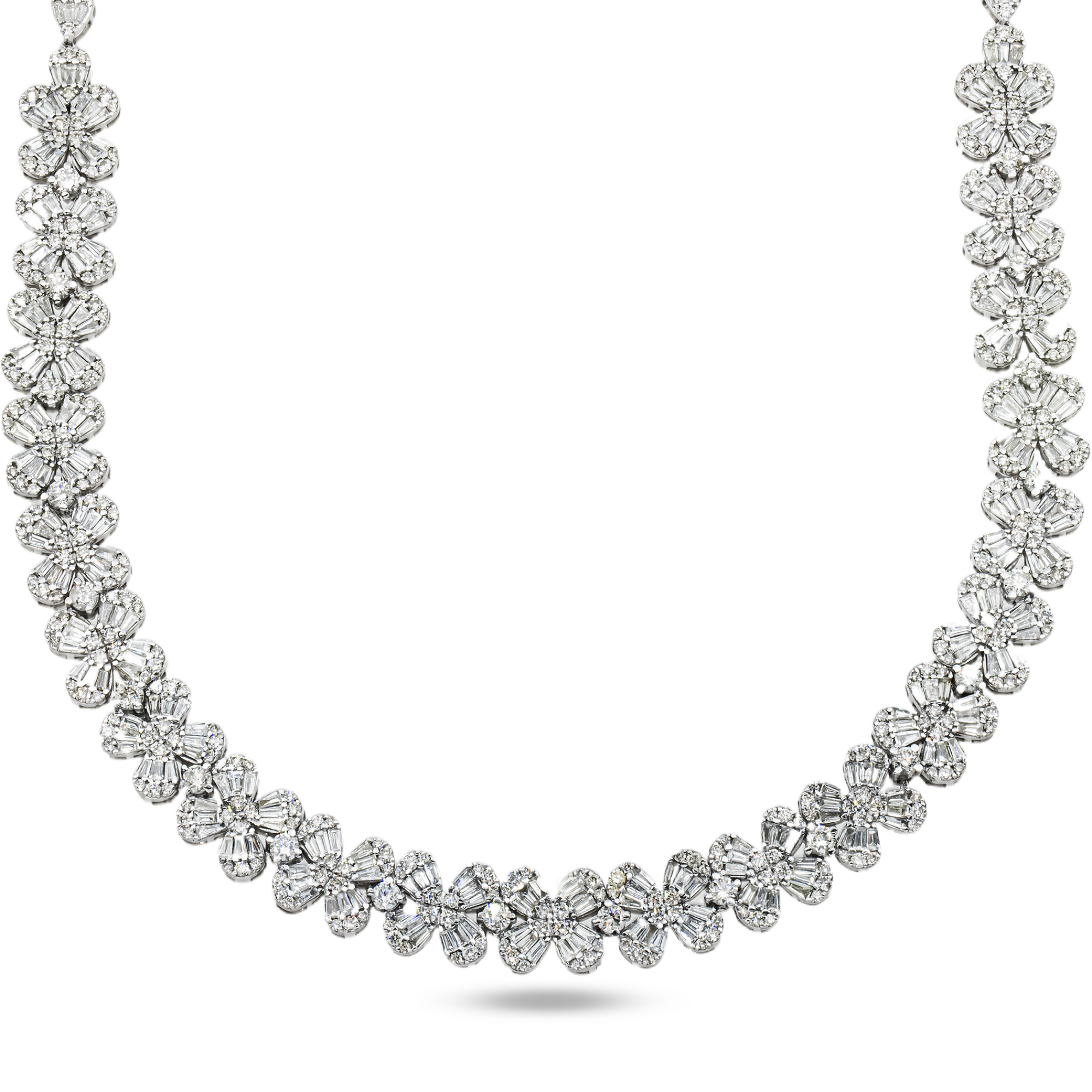 14K White Gold Baguette & Round Cut Flower Diamond Chain 18.98ct