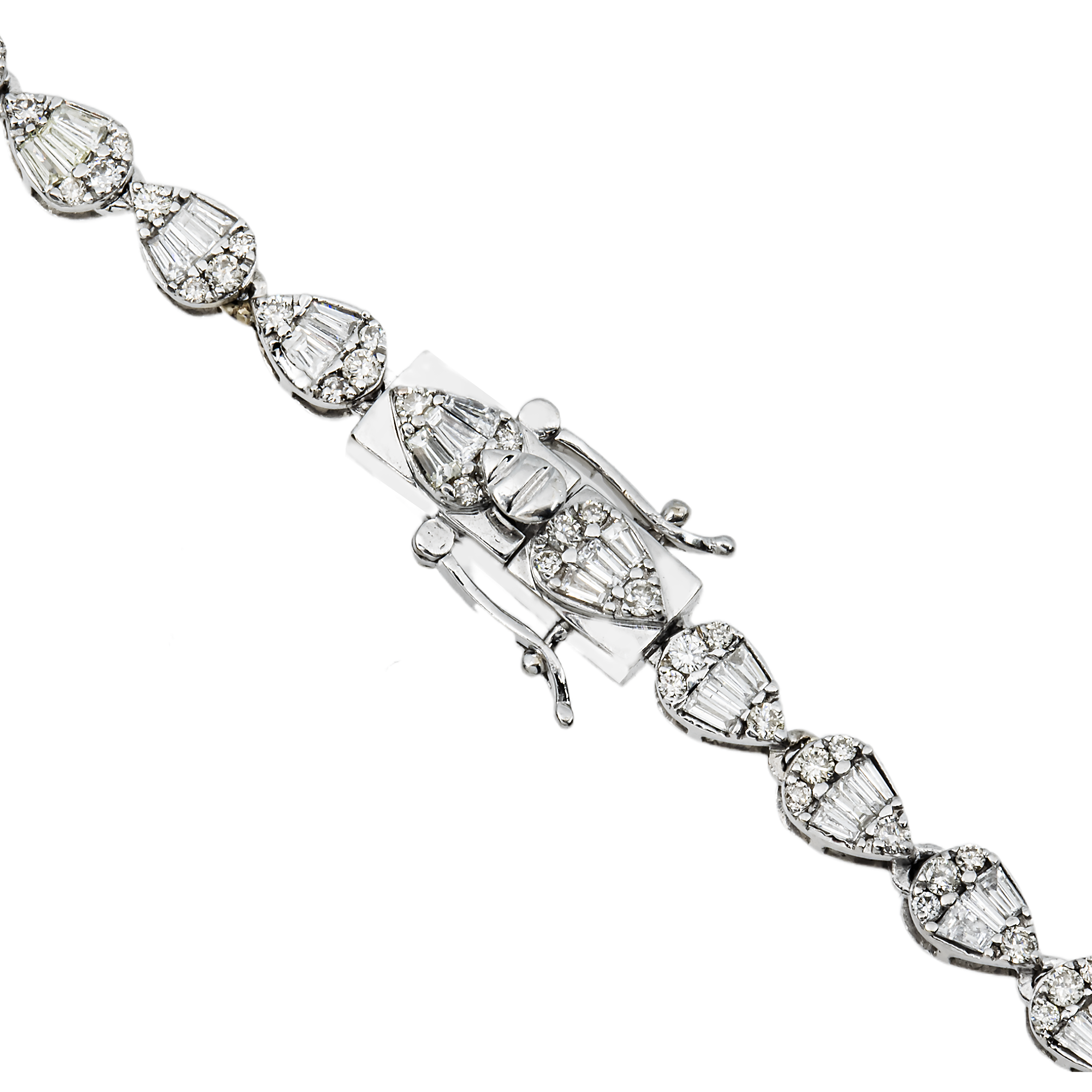 14K White Gold Baguette & Round Cut Flower Diamond Chain 18.98ct