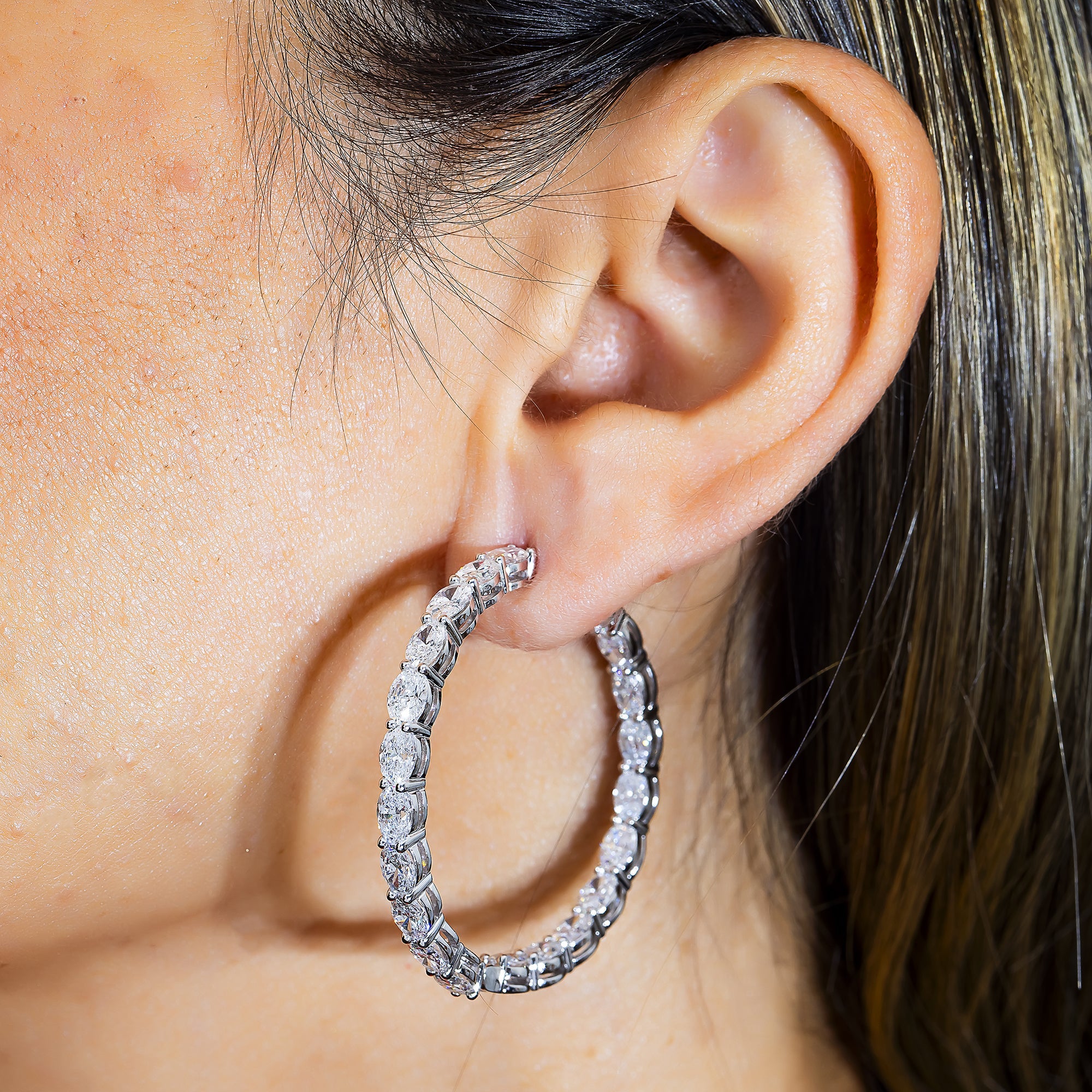 14K White Gold Oval Diamond Inside Out Hoops Earrings 9.60Ctw