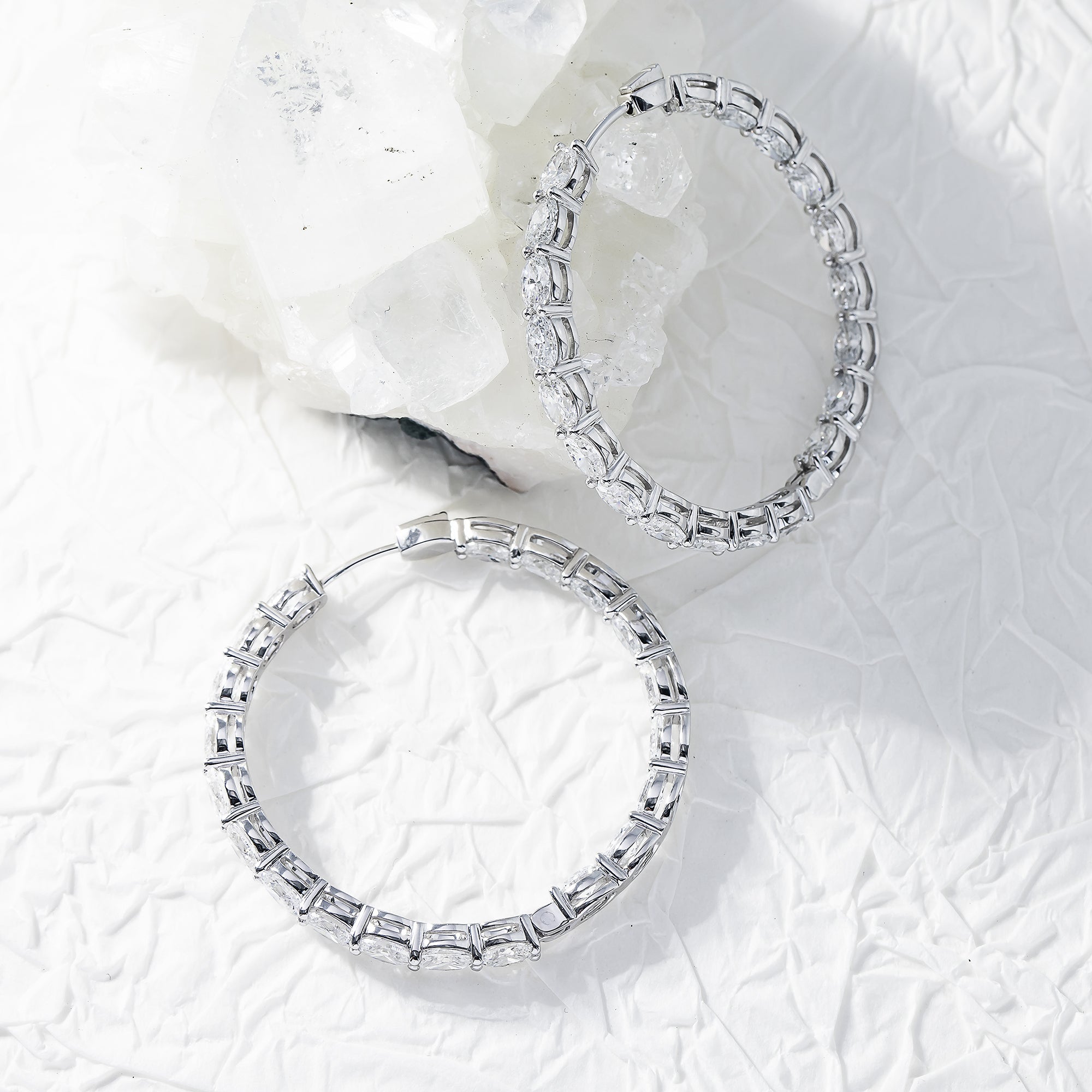 14K White Gold Oval Diamond Inside Out Hoops Earrings 9.60Ctw