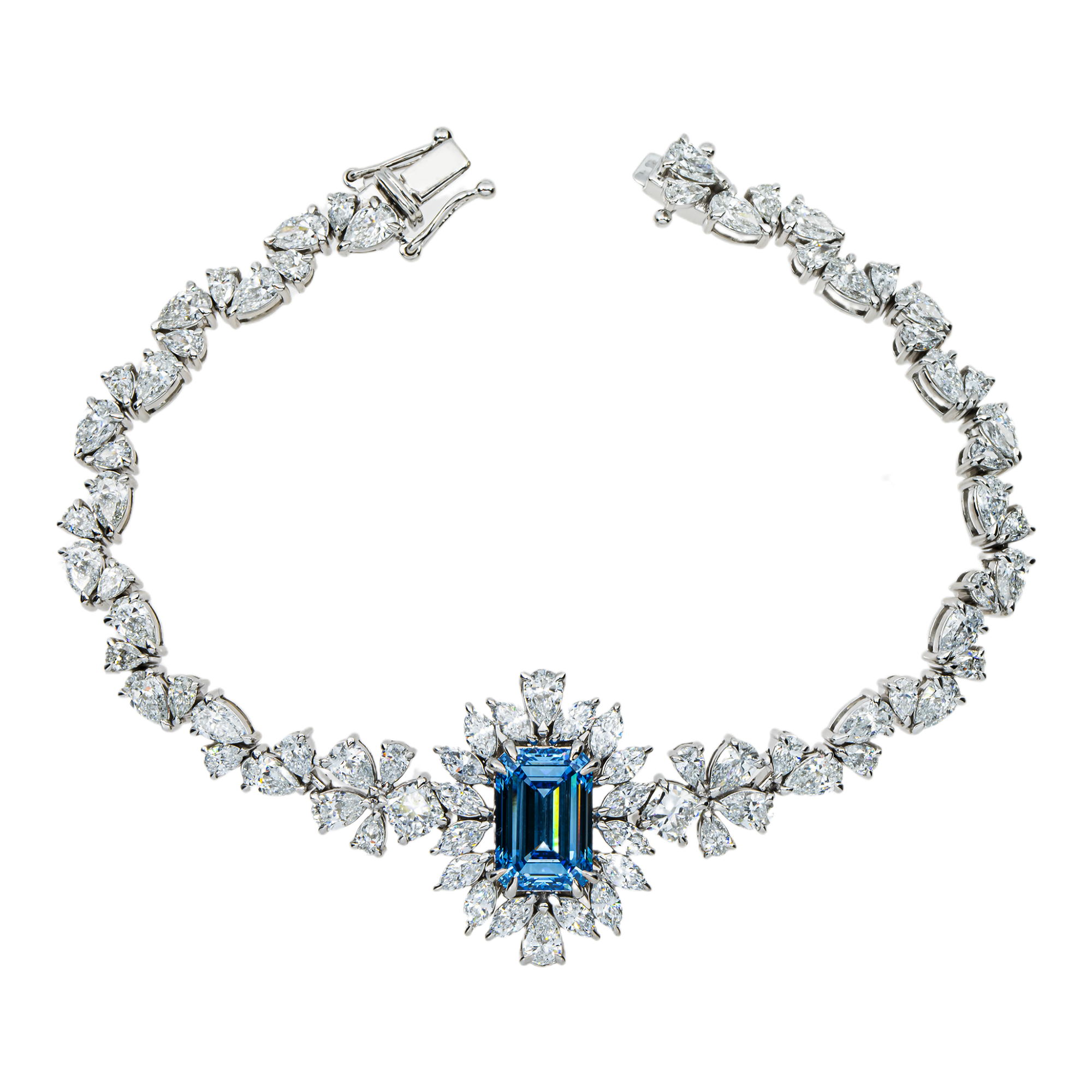 14K White Gold Emerald Cut Fancy Blue Diamond Goddess Bracelet