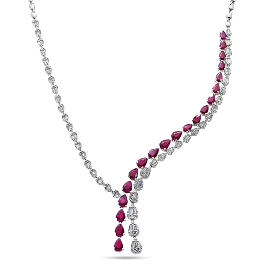 14K White Gold Pear Cut Ruby & Diamond Drop Necklace Necklace