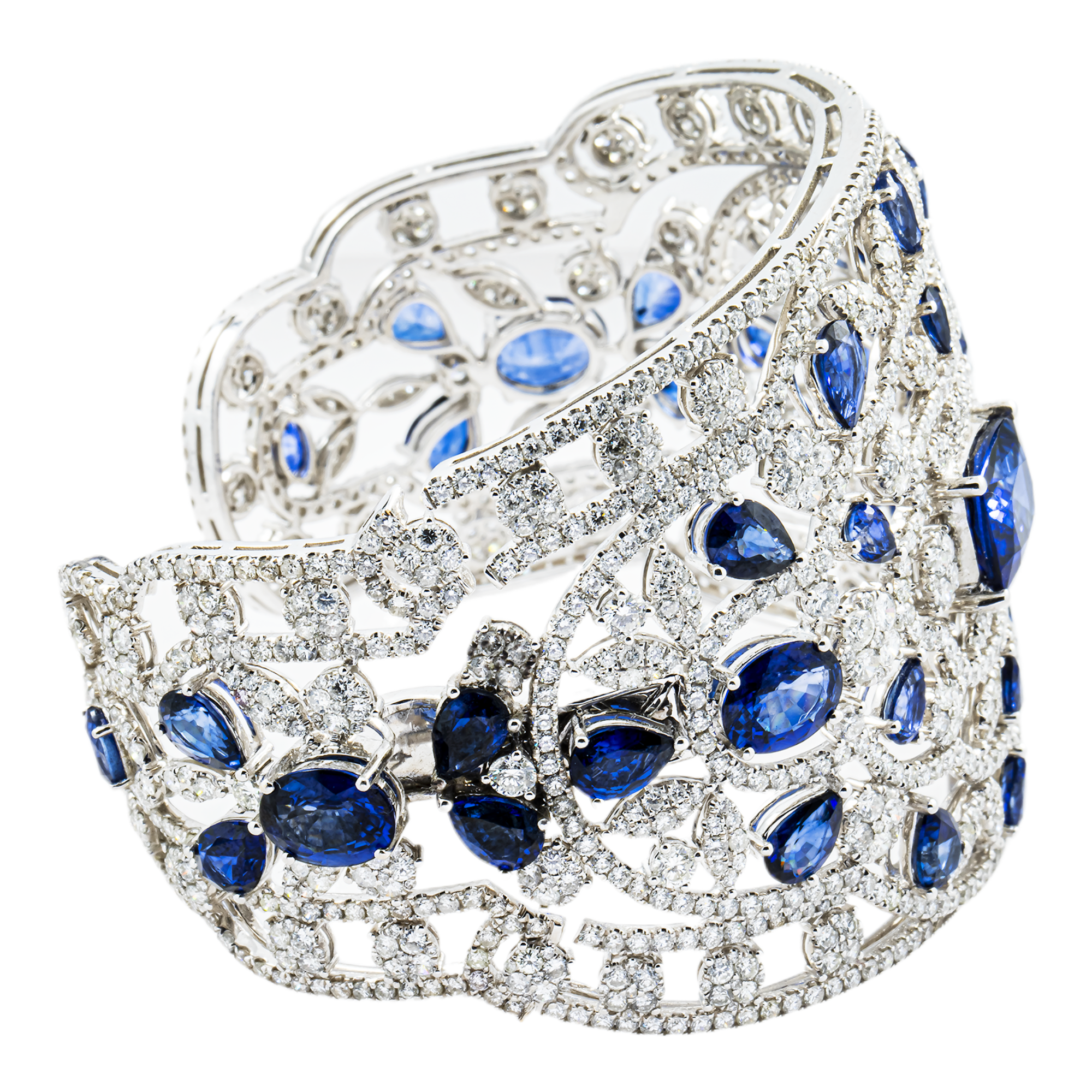 14K White Gold Round Diamond & Multi Cut Sapphire Cuff Bangle Bracelet 56.37ctw
