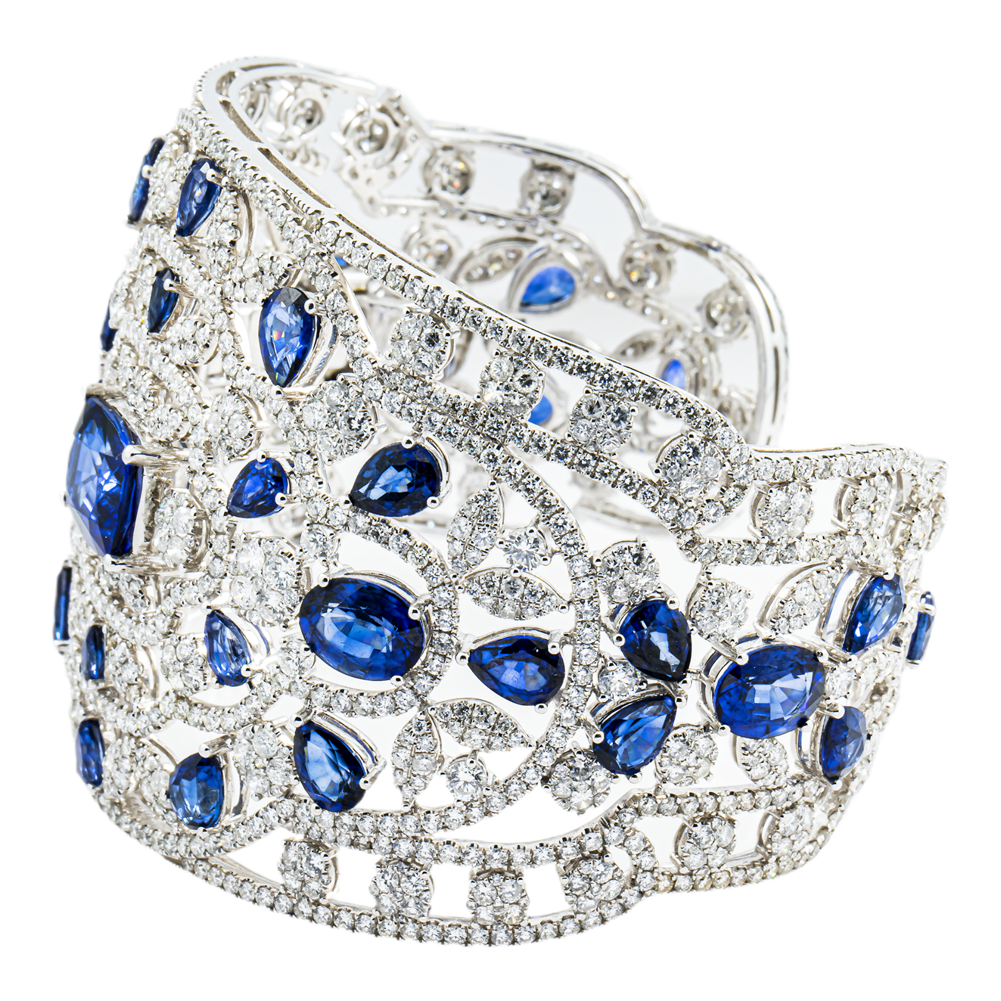 14K White Gold Round Diamond & Multi Cut Sapphire Cuff Bangle Bracelet 56.37ctw