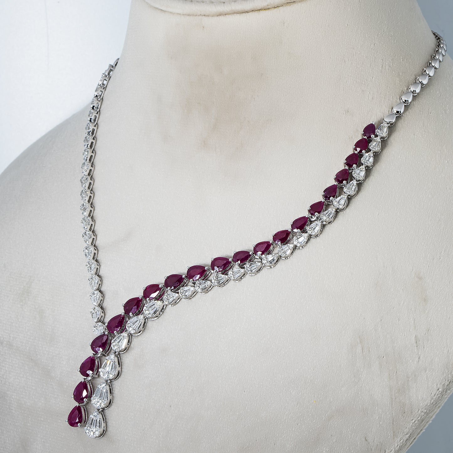 14K White Gold Pear Cut Ruby & Diamond Drop Necklace