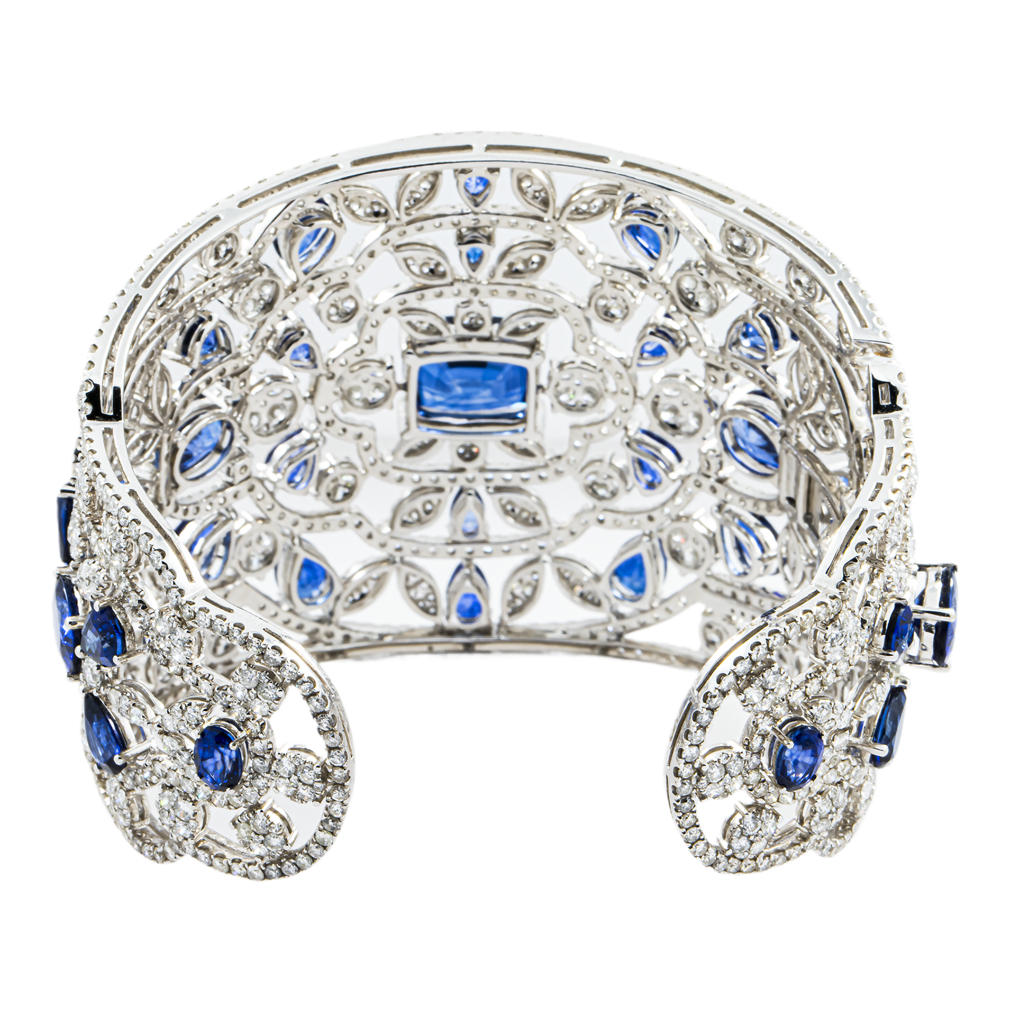 14K White Gold Round Diamond & Multi Cut Sapphire Cuff Bangle Bracelet 56.37ctw