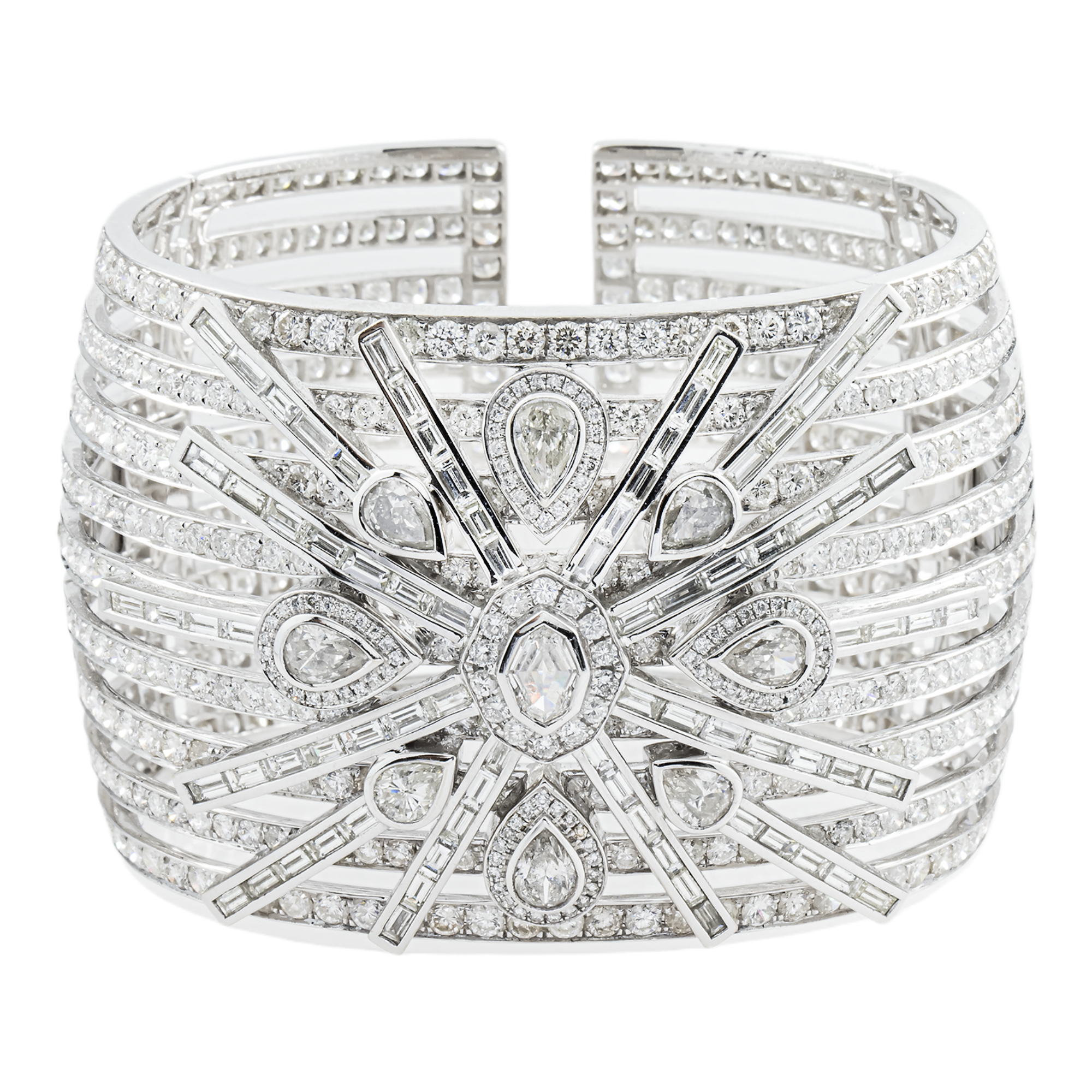 14K White Gold Multi Cut Cuff Bangle Bracelet 42.31ct