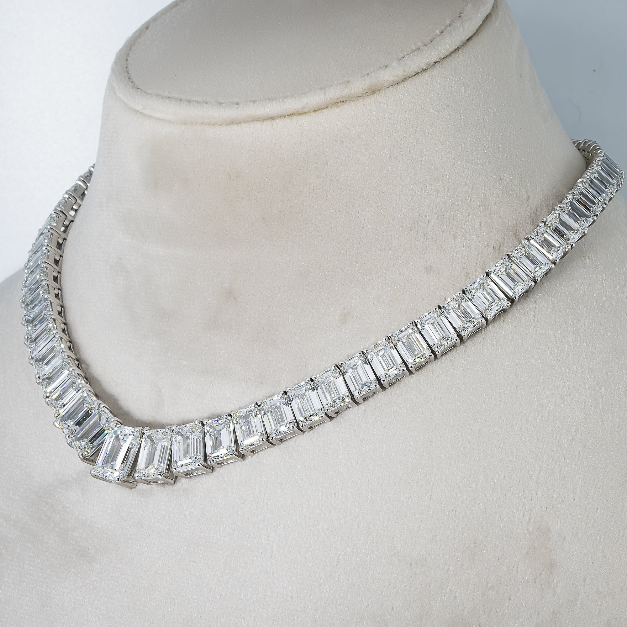 Platinum Graduated Emerald Cut Diamond Tennis Necklace 101.23Ct Necklace