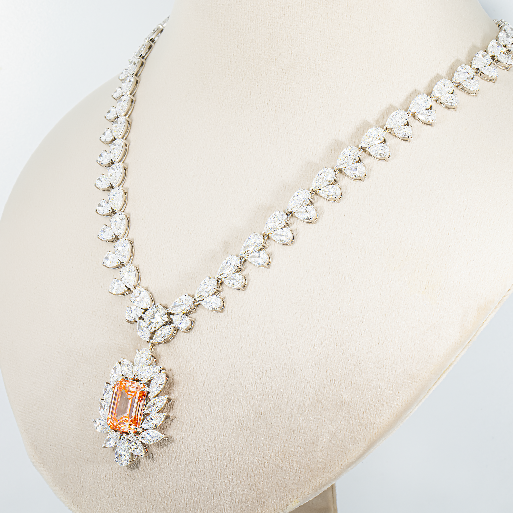 IGI 14K White Gold Fancy Pink Emerald Cut Diamond Goddess Drop Necklace 89.02ct