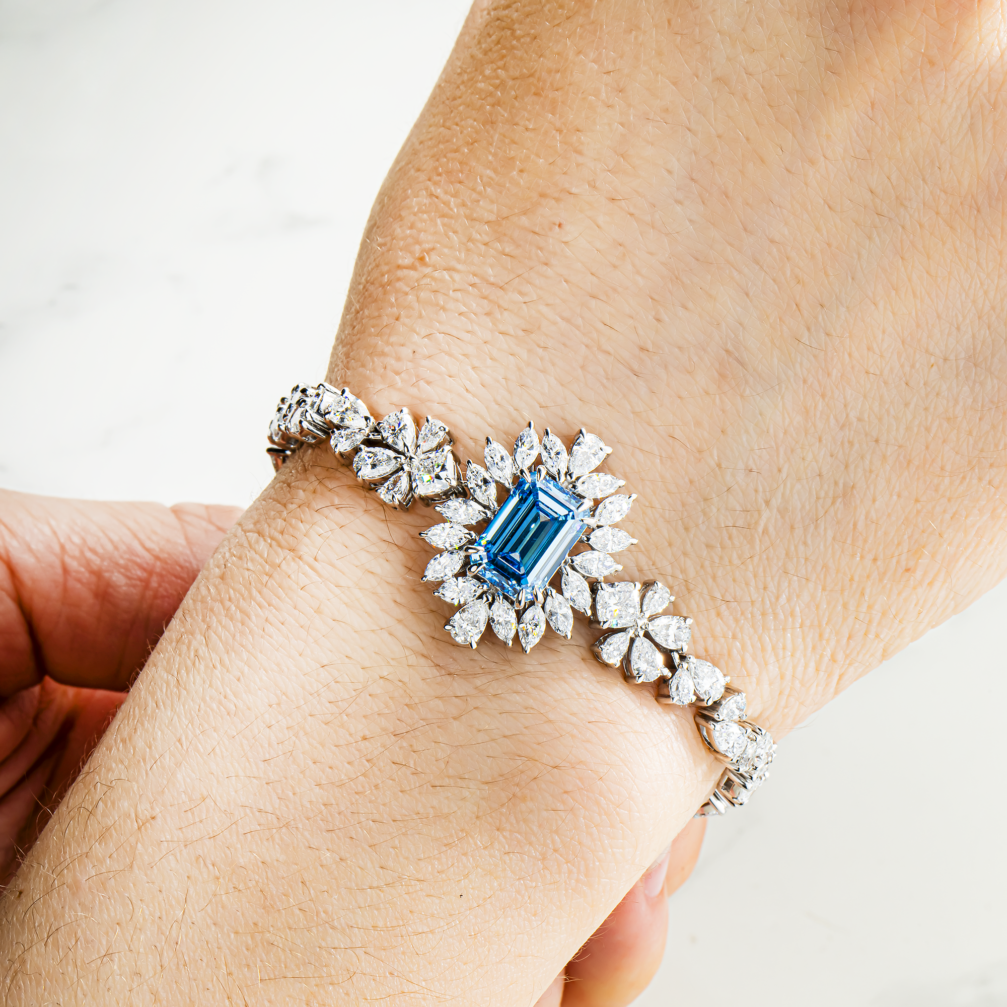 14K White Gold Emerald Cut Fancy Blue Diamond Goddess Bracelet