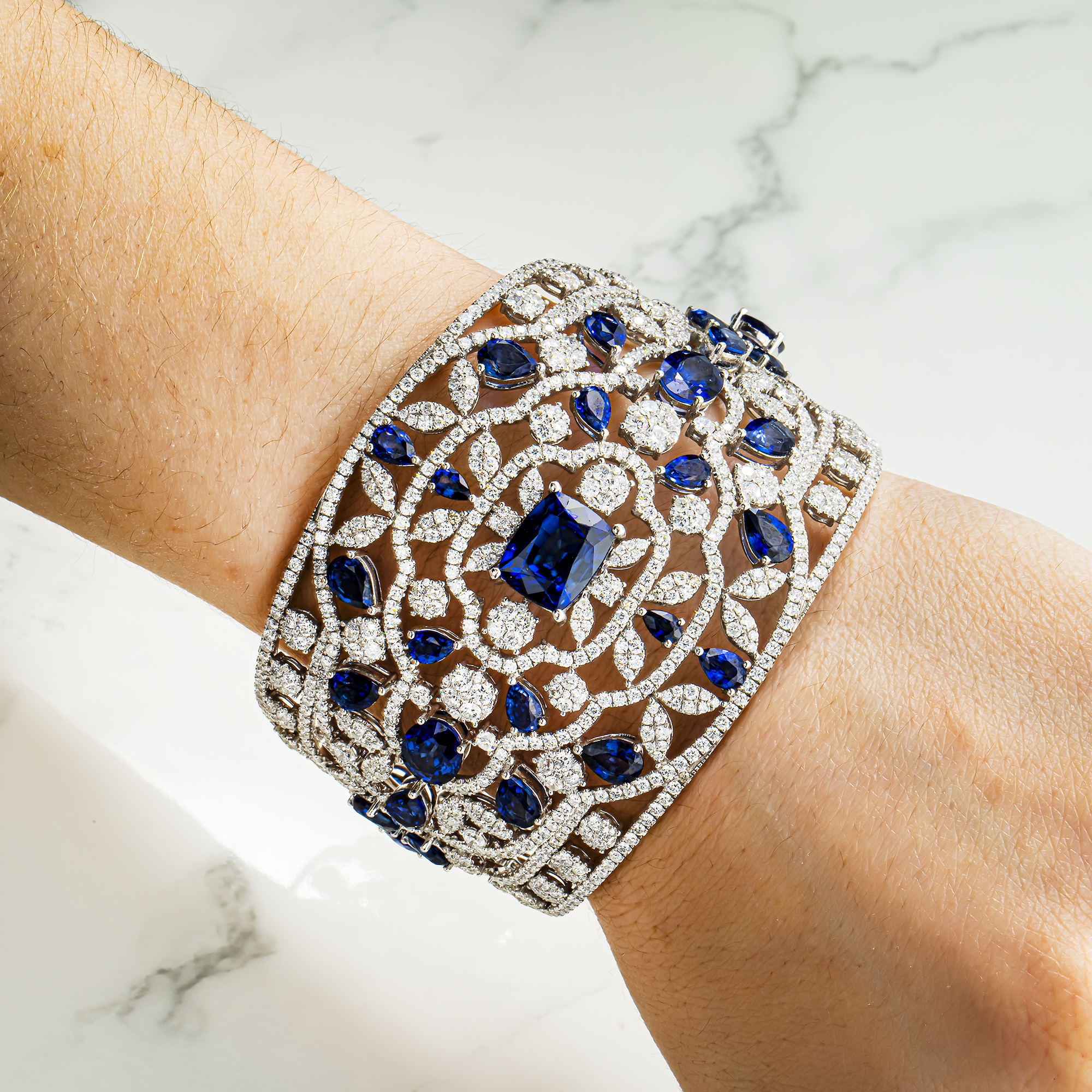 14K White Gold Round Diamond & Multi Cut Sapphire Cuff Bangle Bracelet 56.37ctw