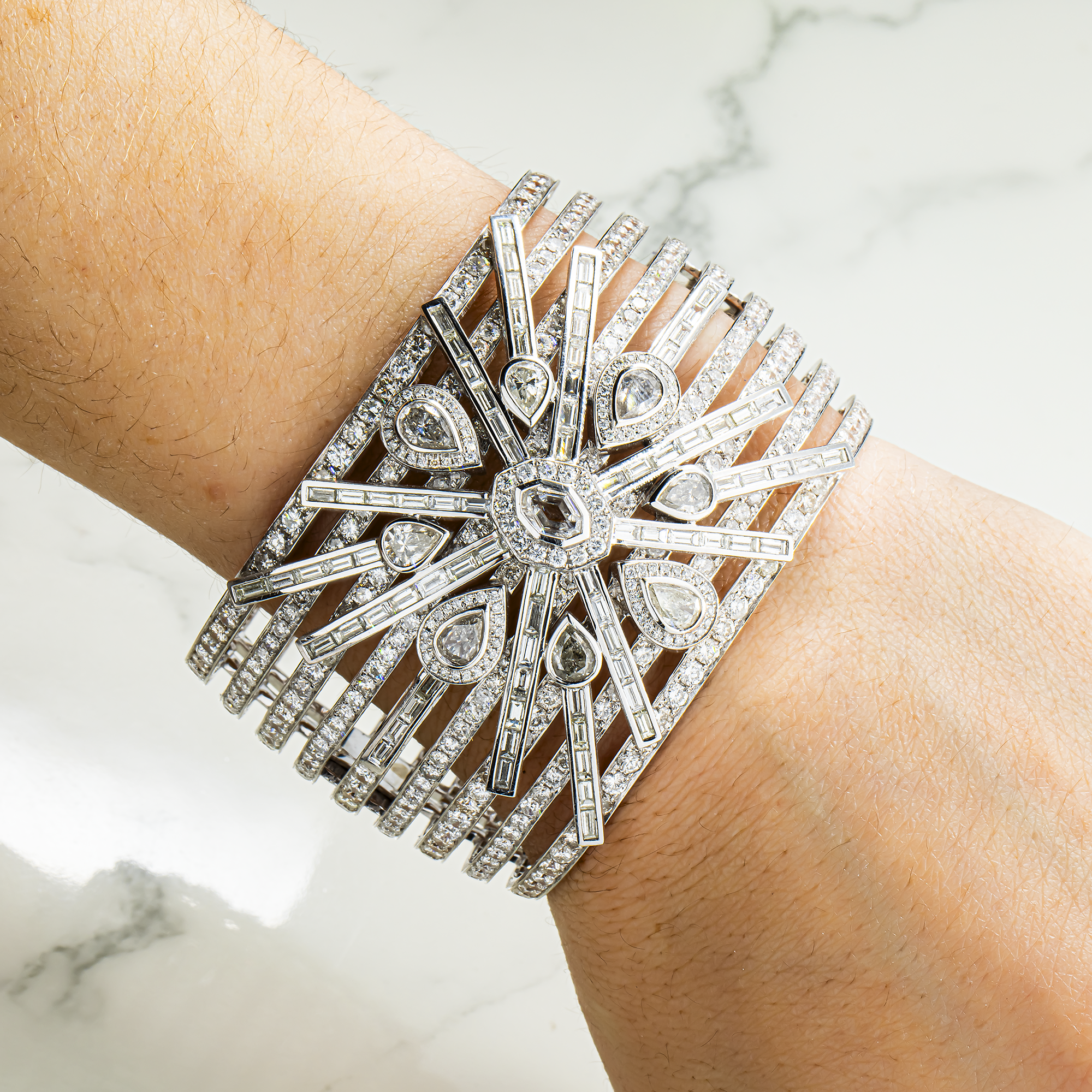 14K White Gold Multi Cut Cuff Bangle Bracelet 42.31ct