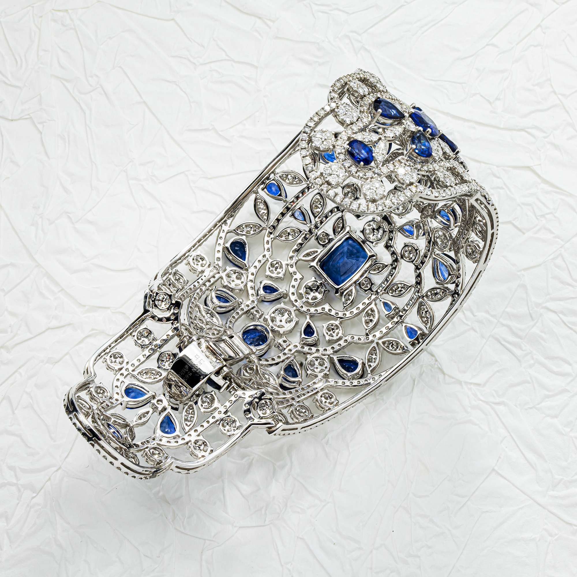 14K White Gold Round Diamond & Multi Cut Sapphire Cuff Bangle Bracelet 56.37ctw