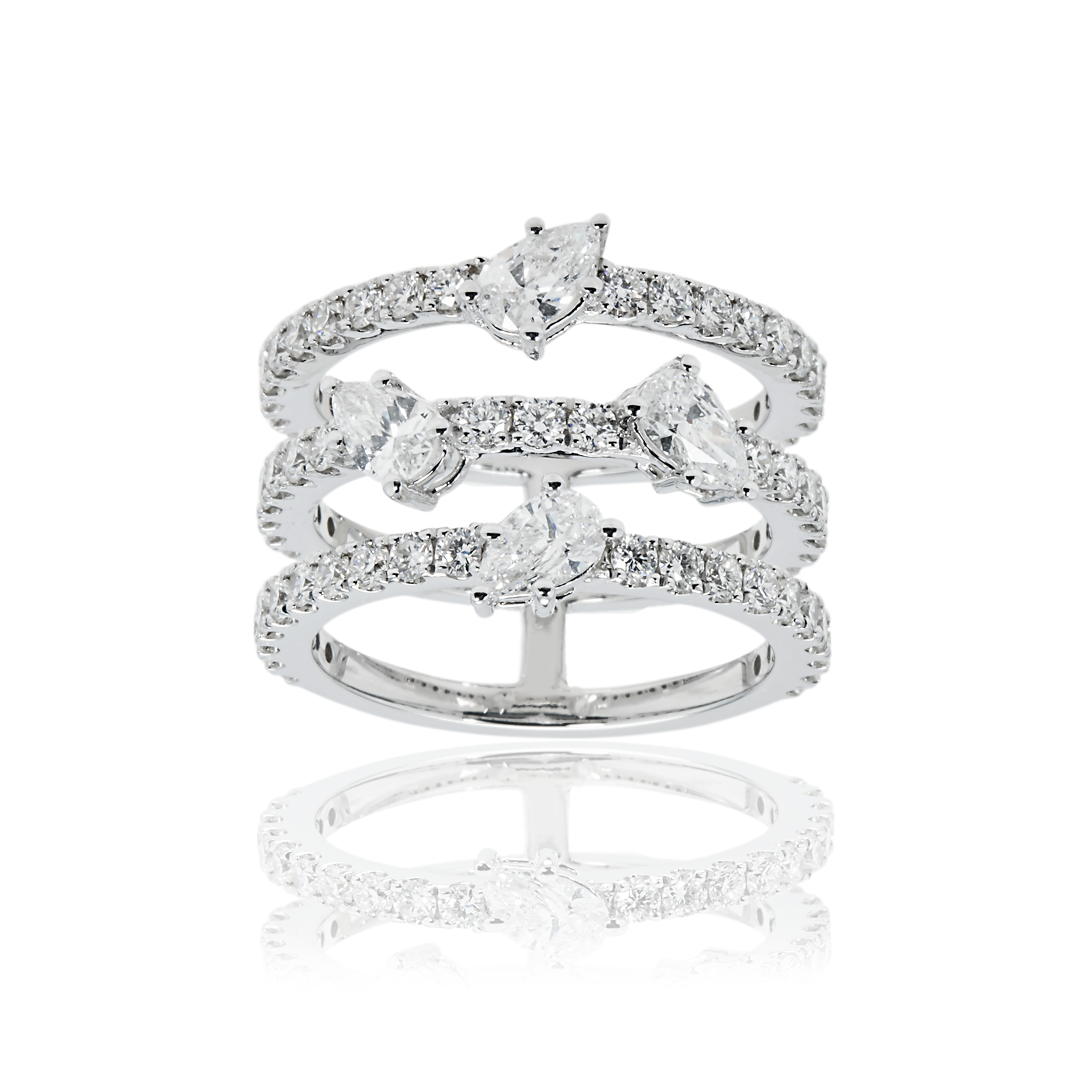 18K White Gold Triple Row Round & Pear Cut Diamond Ring 2.14Ct Rings