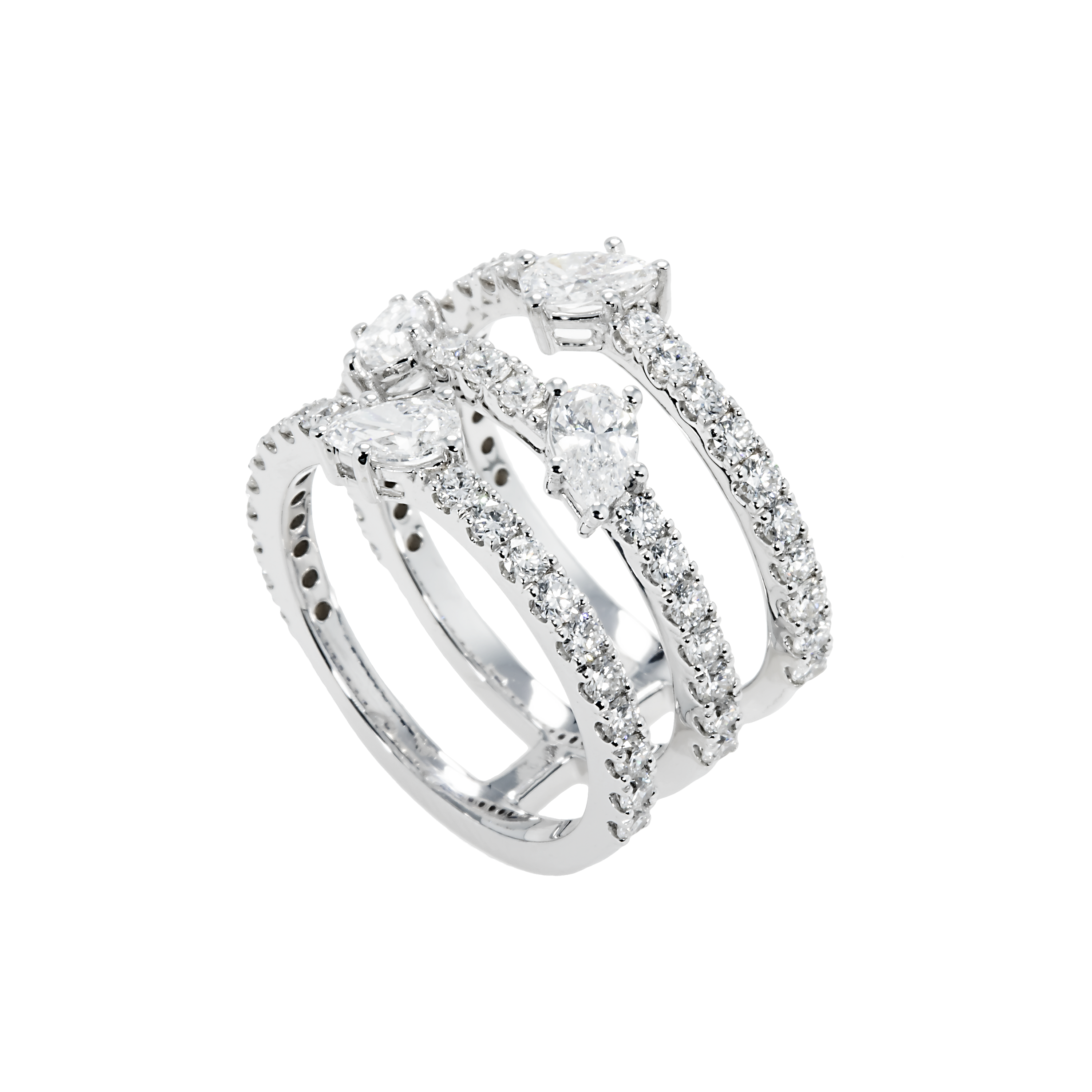 18K White Gold Triple Row Round & Pear Cut Diamond Ring 2.14Ct Rings